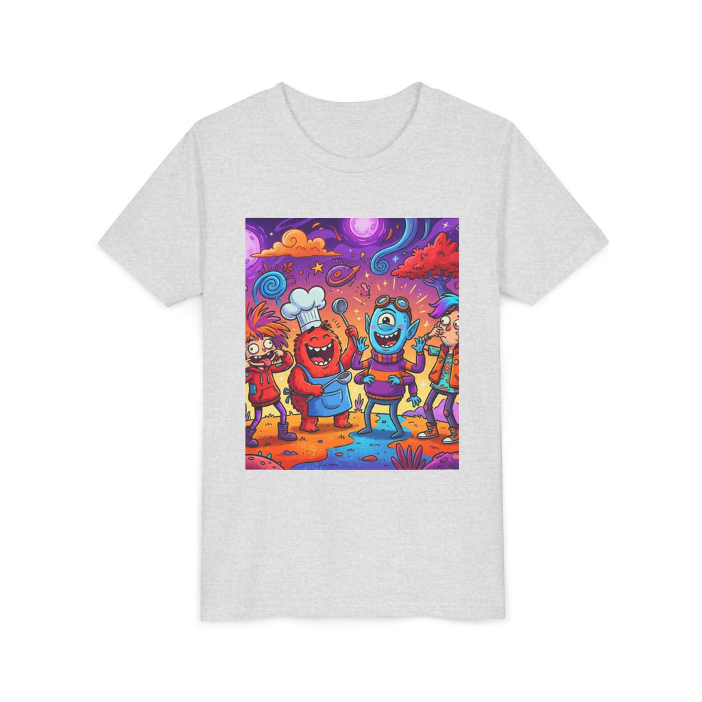 Funny Character Crew Youth Tee — Colorful Crazy Faces Graphic