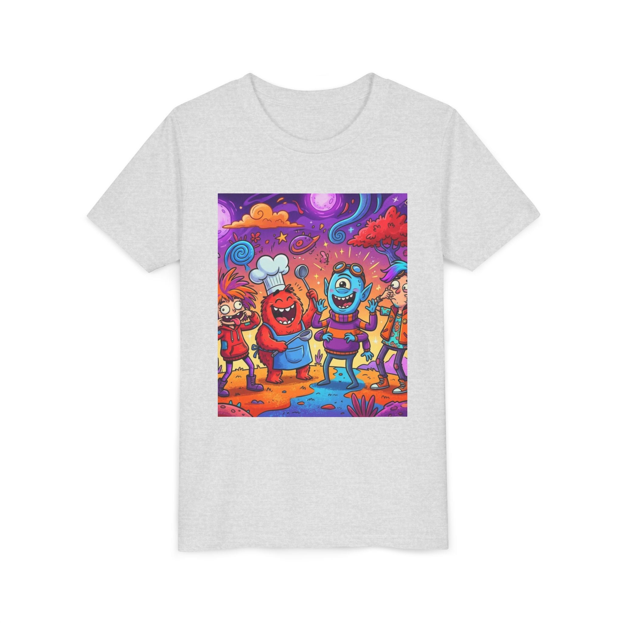 Funny Character Crew Youth Tee — Colorful Crazy Faces Graphic