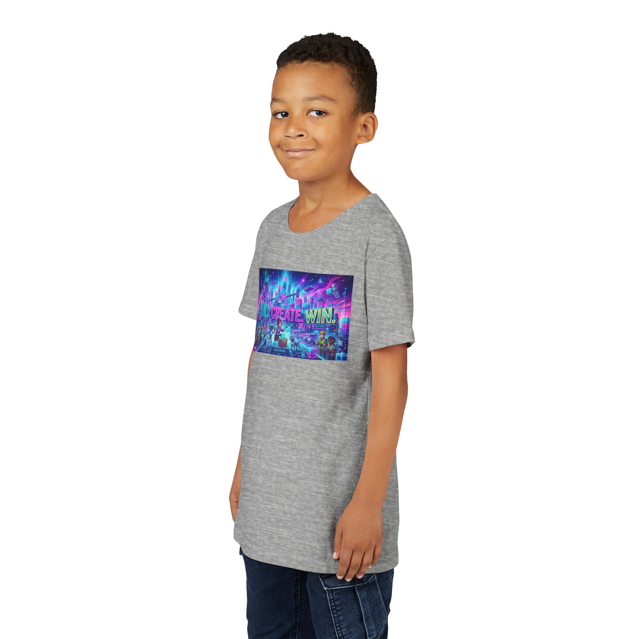 Youth Tee — “BUILD. CREATE. WIN.” Neon Builder City Design