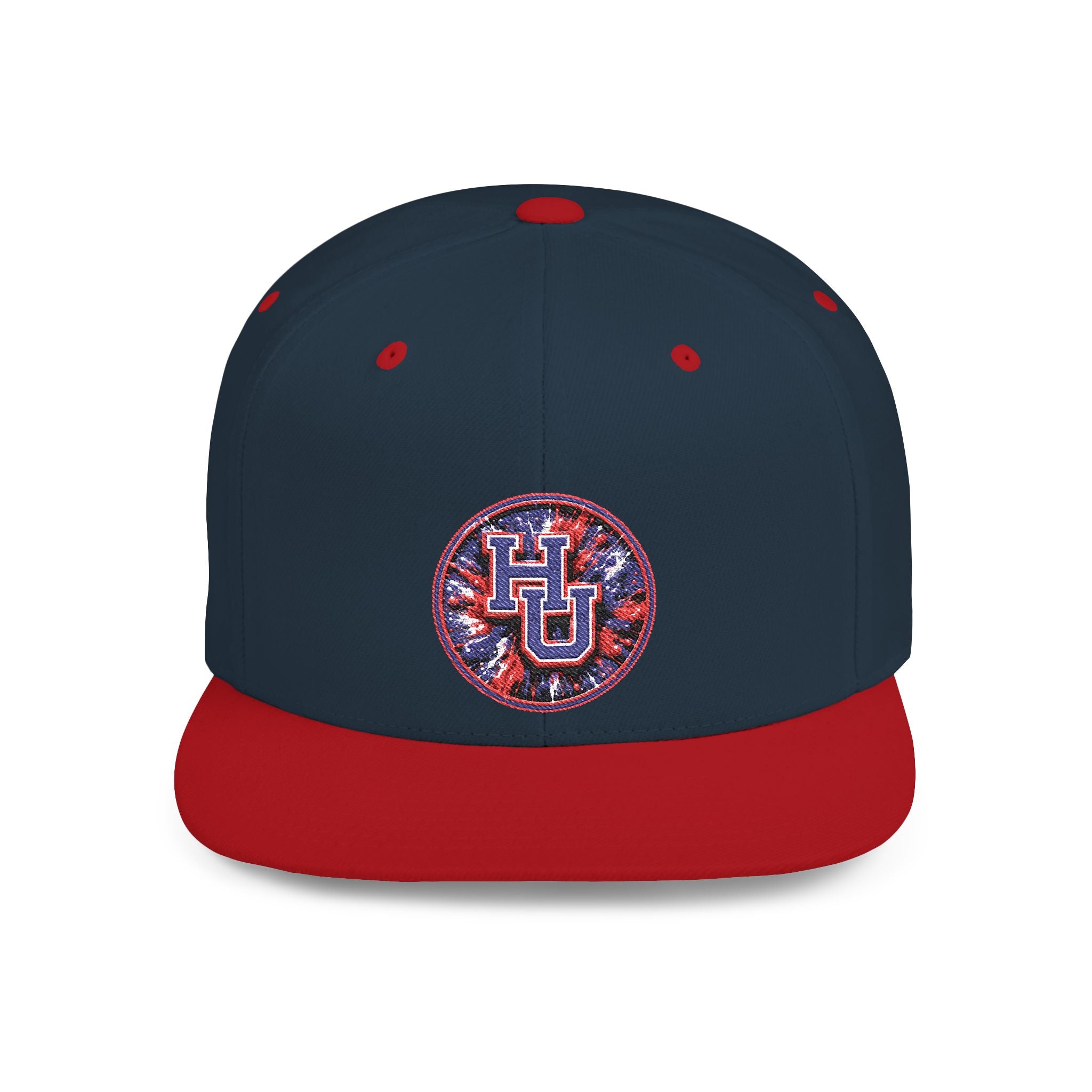 HU Logo Flat Bill Snapback Hat — Red & Blue Sequin Patch Cap