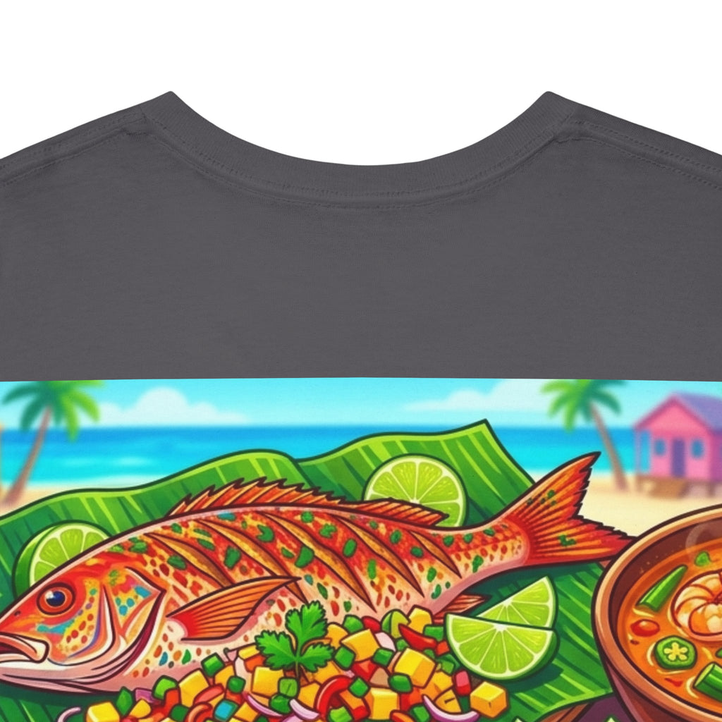 Caribbean BBQ & Seafood Tee — “Seymour’s” Vibrant Island Food Graphic T-Shirt