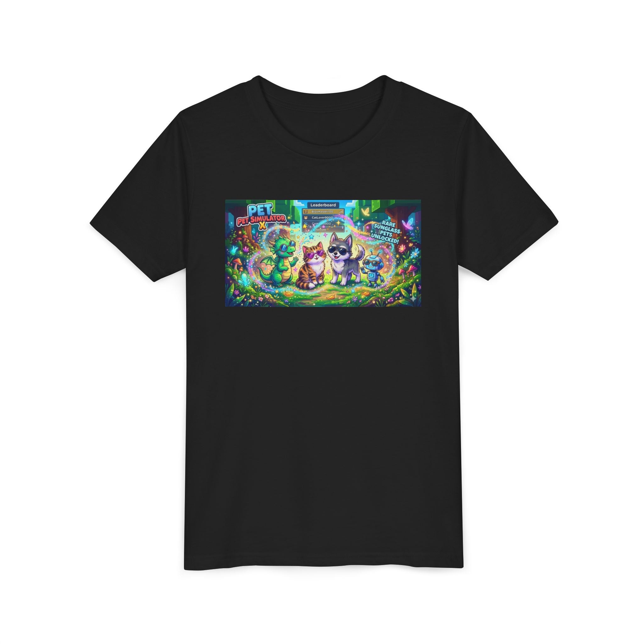 Cute Fantasy Pets Sunglasses Tee — Dragon, Cat, Wolf & Robot Pets