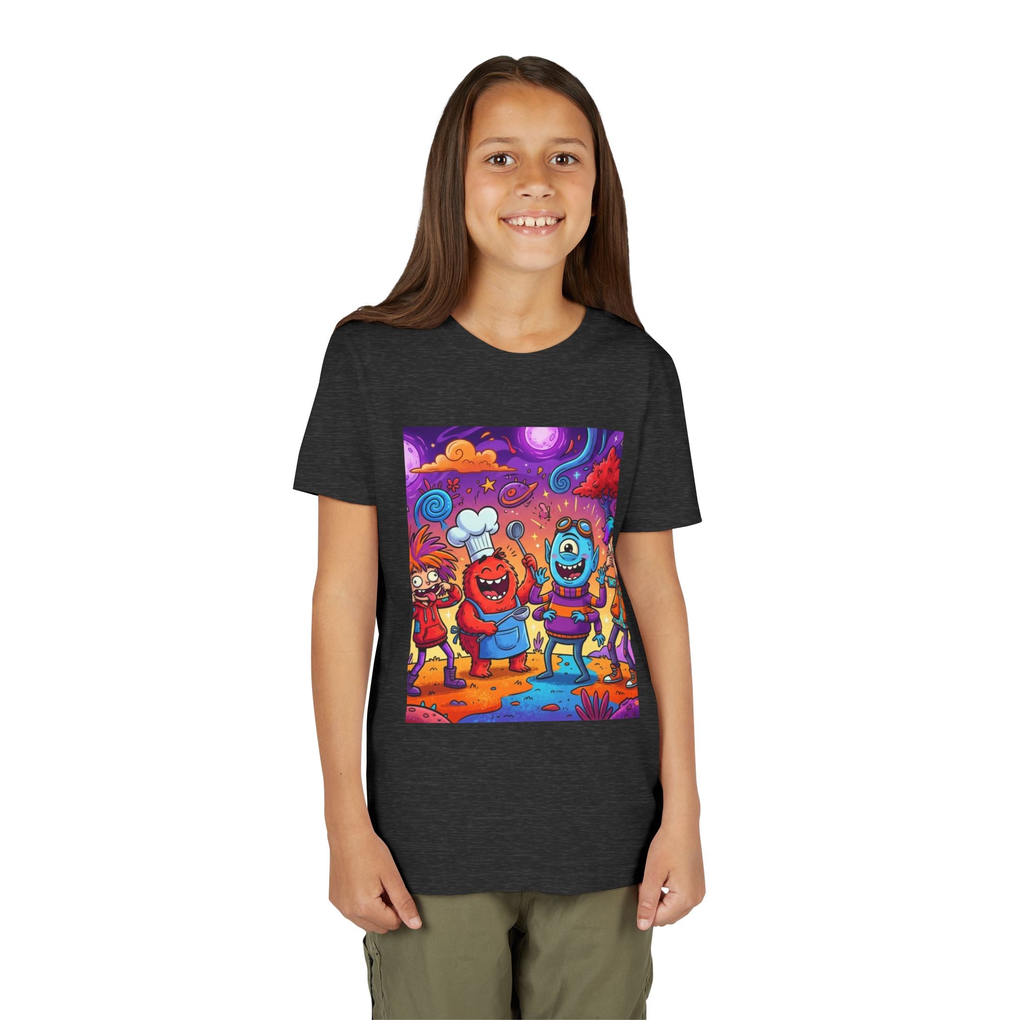Funny Character Crew Youth Tee — Colorful Crazy Faces Graphic