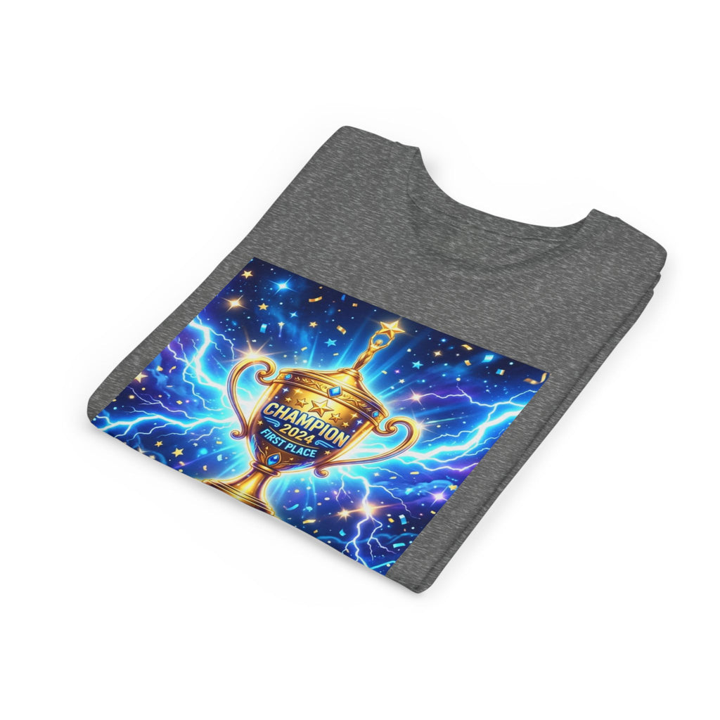 Youth Trophy Lightning Tee — Winning Kids' Short Sleeve Shirt with Stars & Confetti