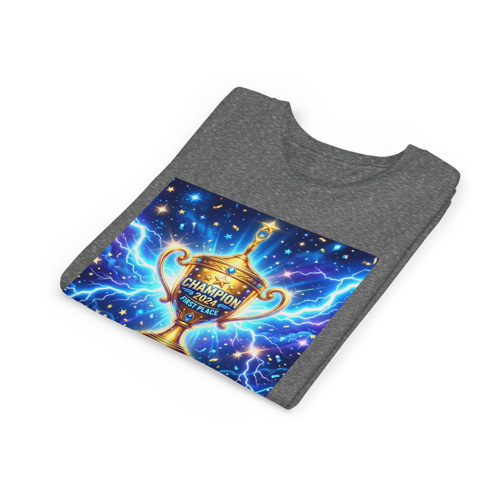 Youth Trophy Lightning Tee — Winning Kids' Short Sleeve Shirt with Stars & Confetti