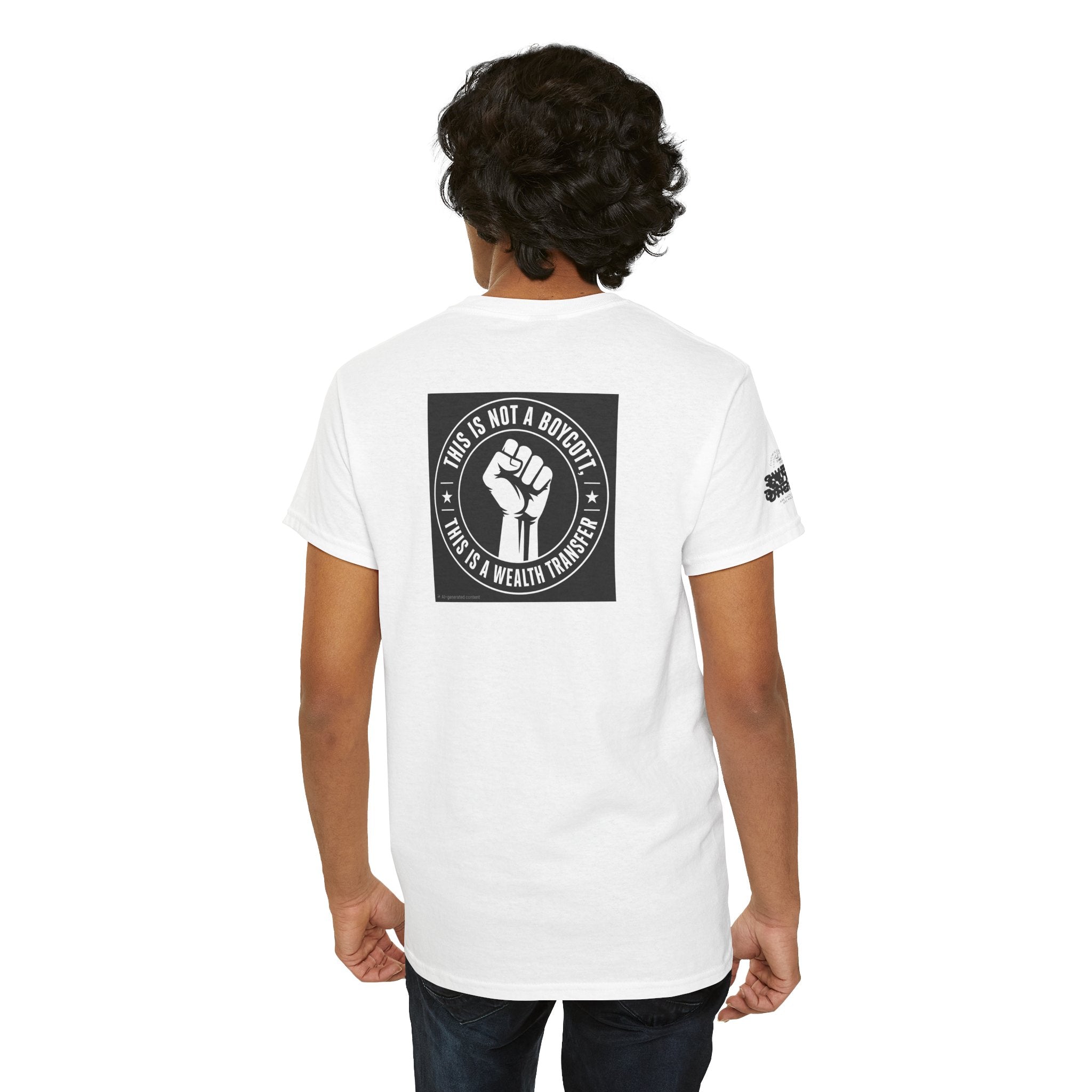 Graphic Tee — 'This Is Not A Boycott, This Is A Wealth Transfer' Back Print with Reading Child Artwork