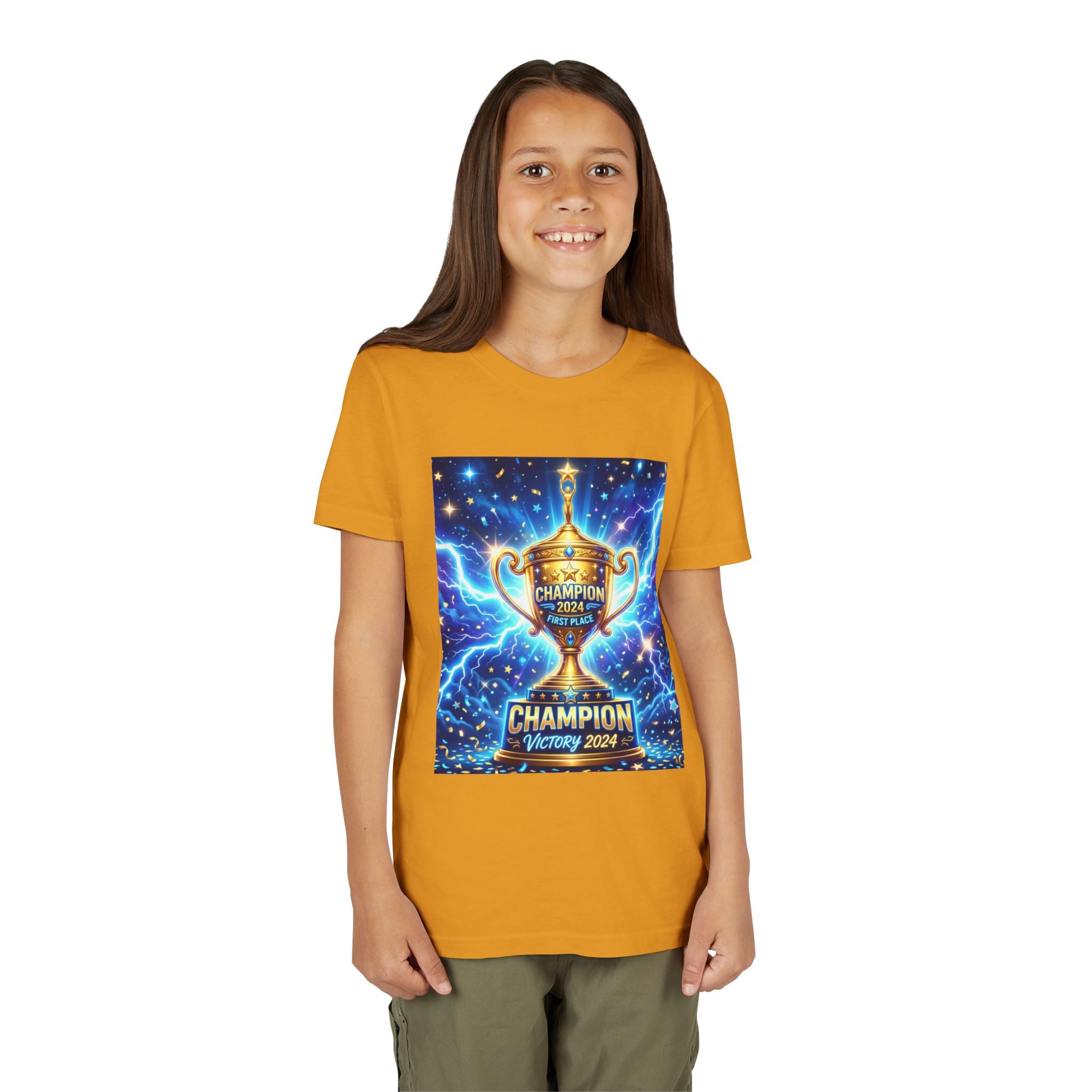 Youth Trophy Lightning Tee — Winning Kids' Short Sleeve Shirt with Stars & Confetti