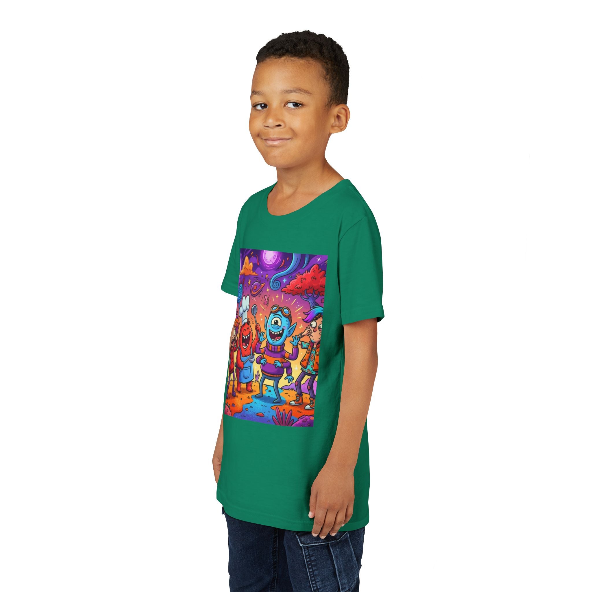 Funny Character Crew Youth Tee — Colorful Crazy Faces Graphic