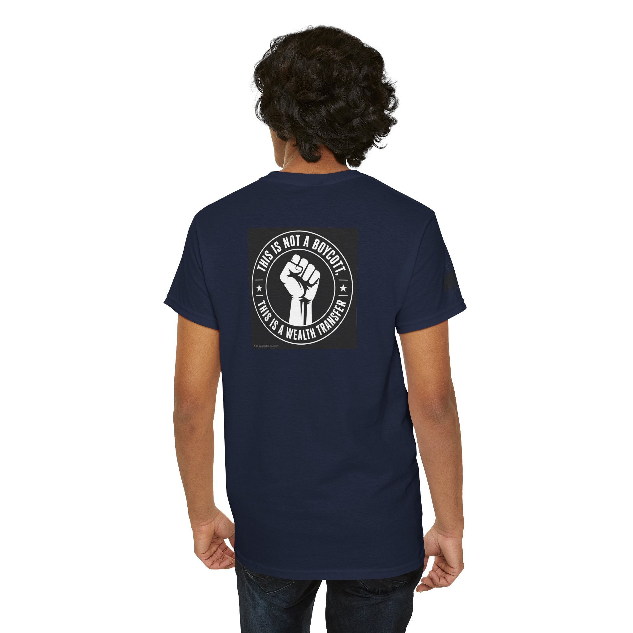 Graphic Tee — 'This Is Not A Boycott, This Is A Wealth Transfer' Back Print with Reading Child Artwork