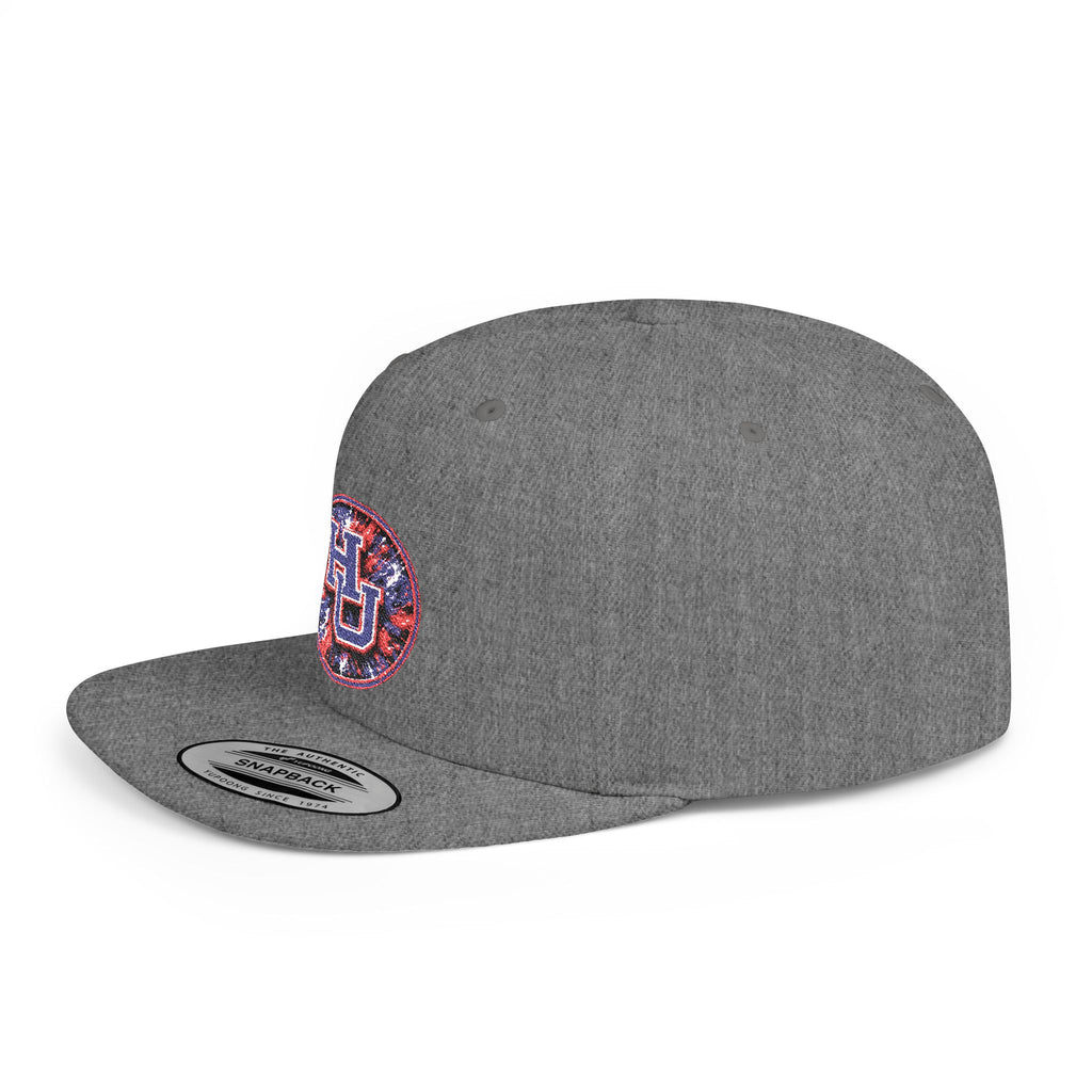 HU Logo Flat Bill Snapback Hat — Red & Blue Sequin Patch Cap