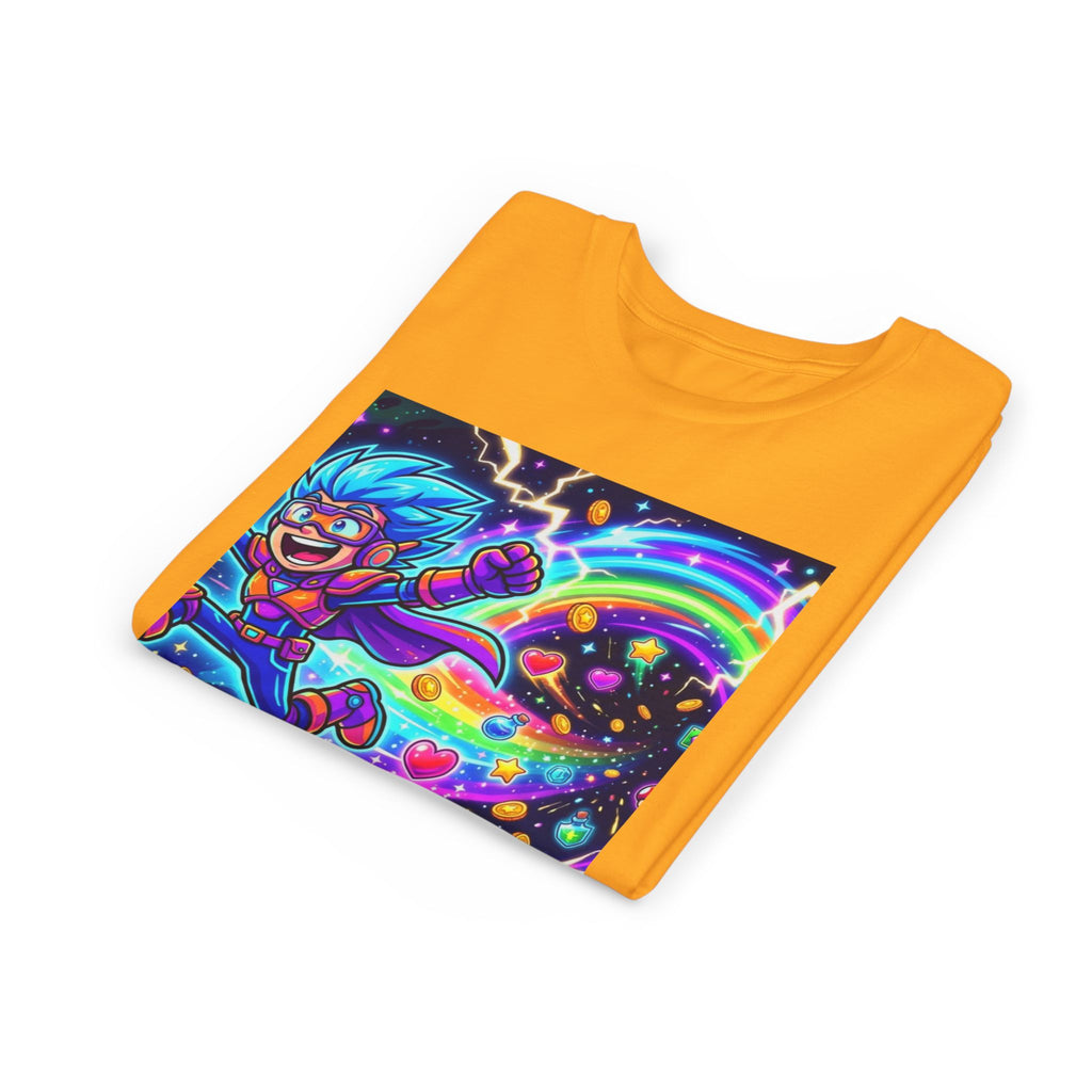 Retro Pixel Explosion Youth Tee — Smiling Avatar, Hearts, Gems & Controllers
