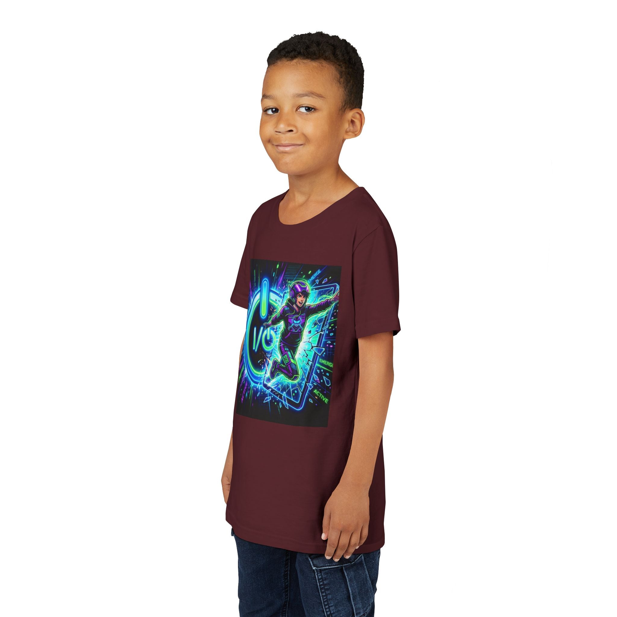 Neon Power Button Tee — Gamer Screen Escape Youth T-Shirt