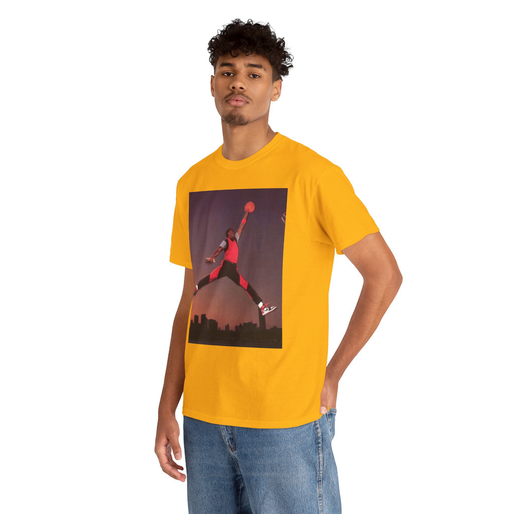 Basketball Jumpman Tee — Retro Skyline Graphic T-Shirt with Red Fist Back Emblem