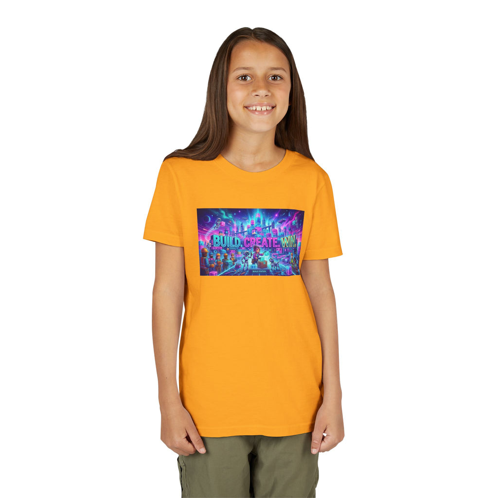 Youth Tee — “BUILD. CREATE. WIN.” Neon Builder City Design