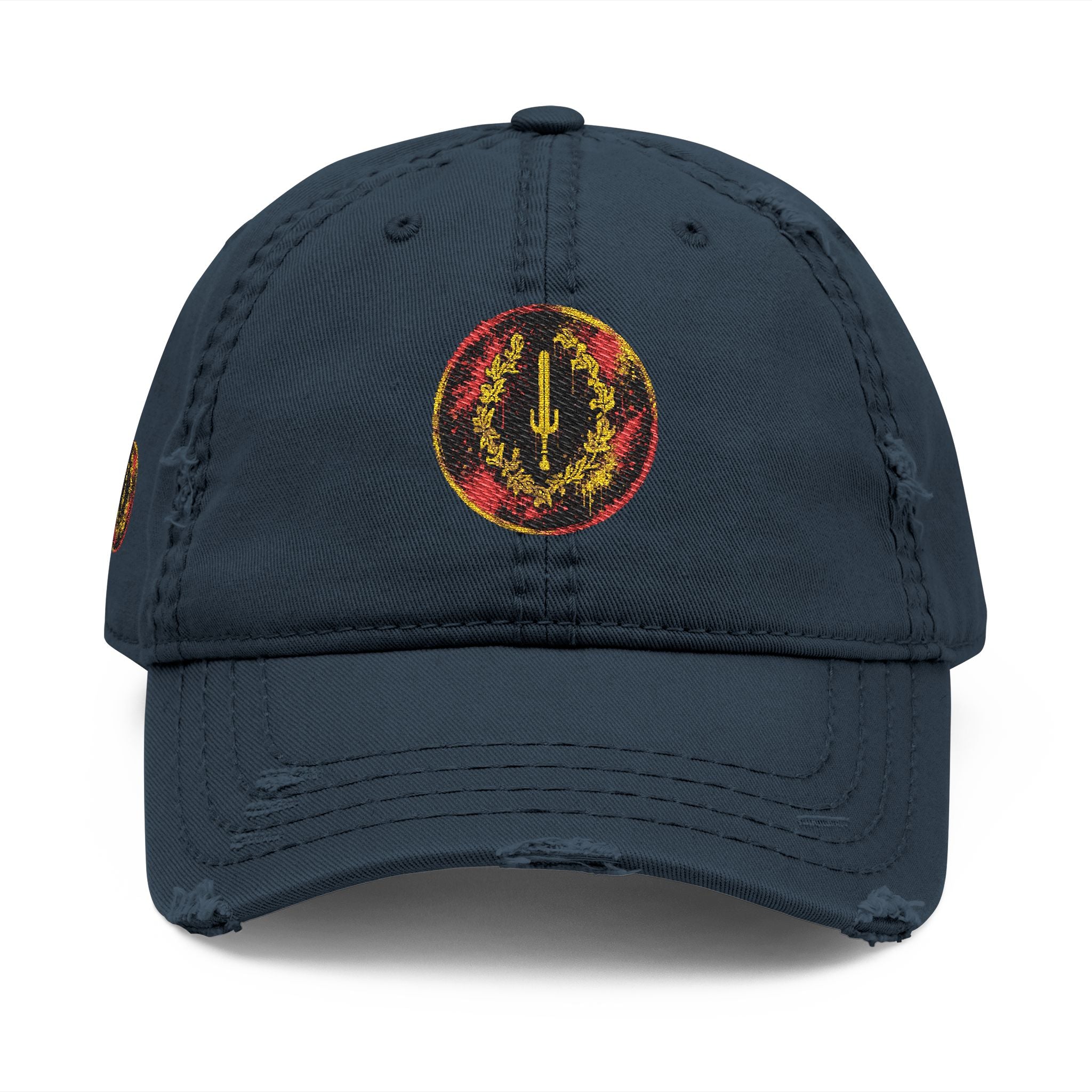 Distressed Embroidered Dad Hat — Vintage Flame Crest Cap