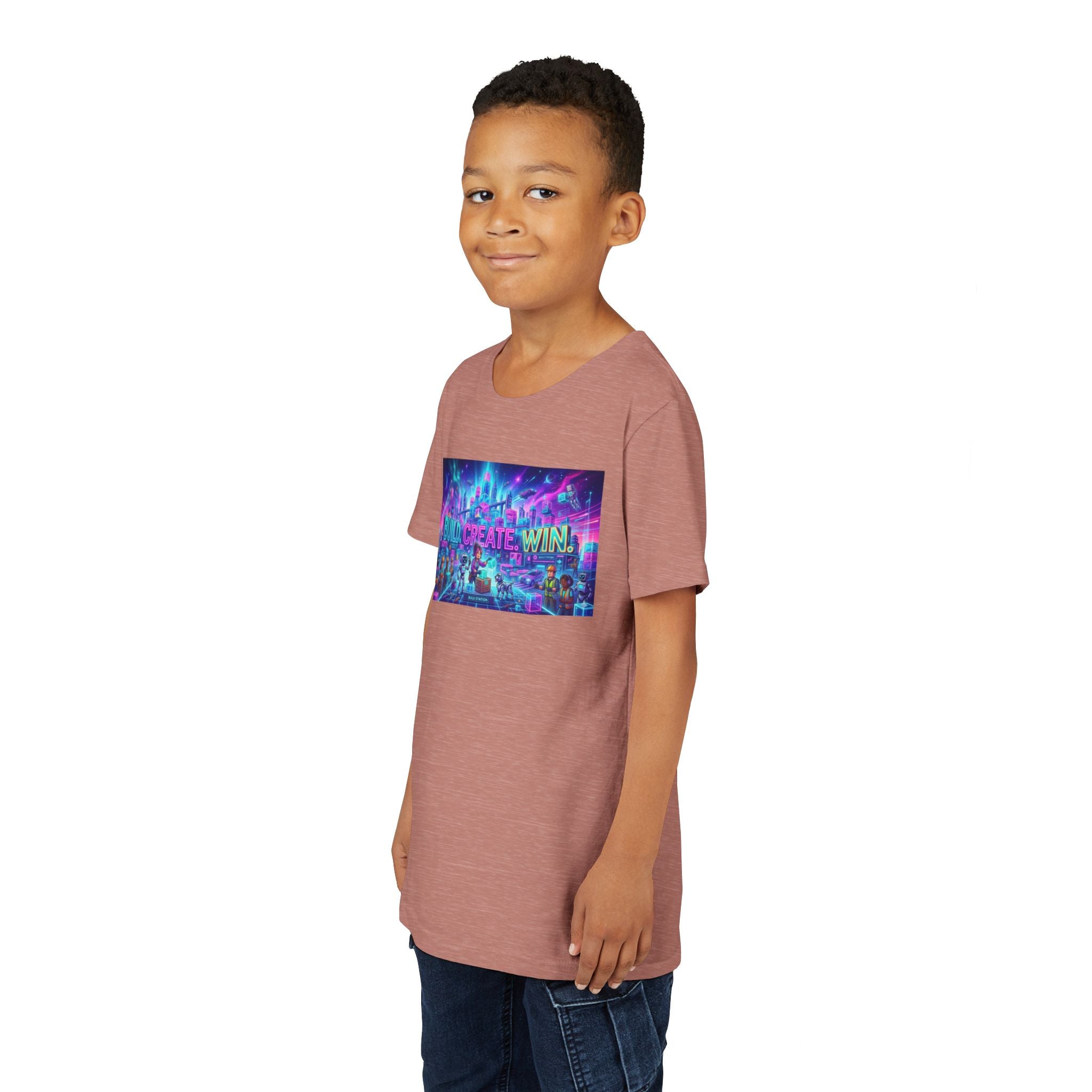 Youth Tee — “BUILD. CREATE. WIN.” Neon Builder City Design