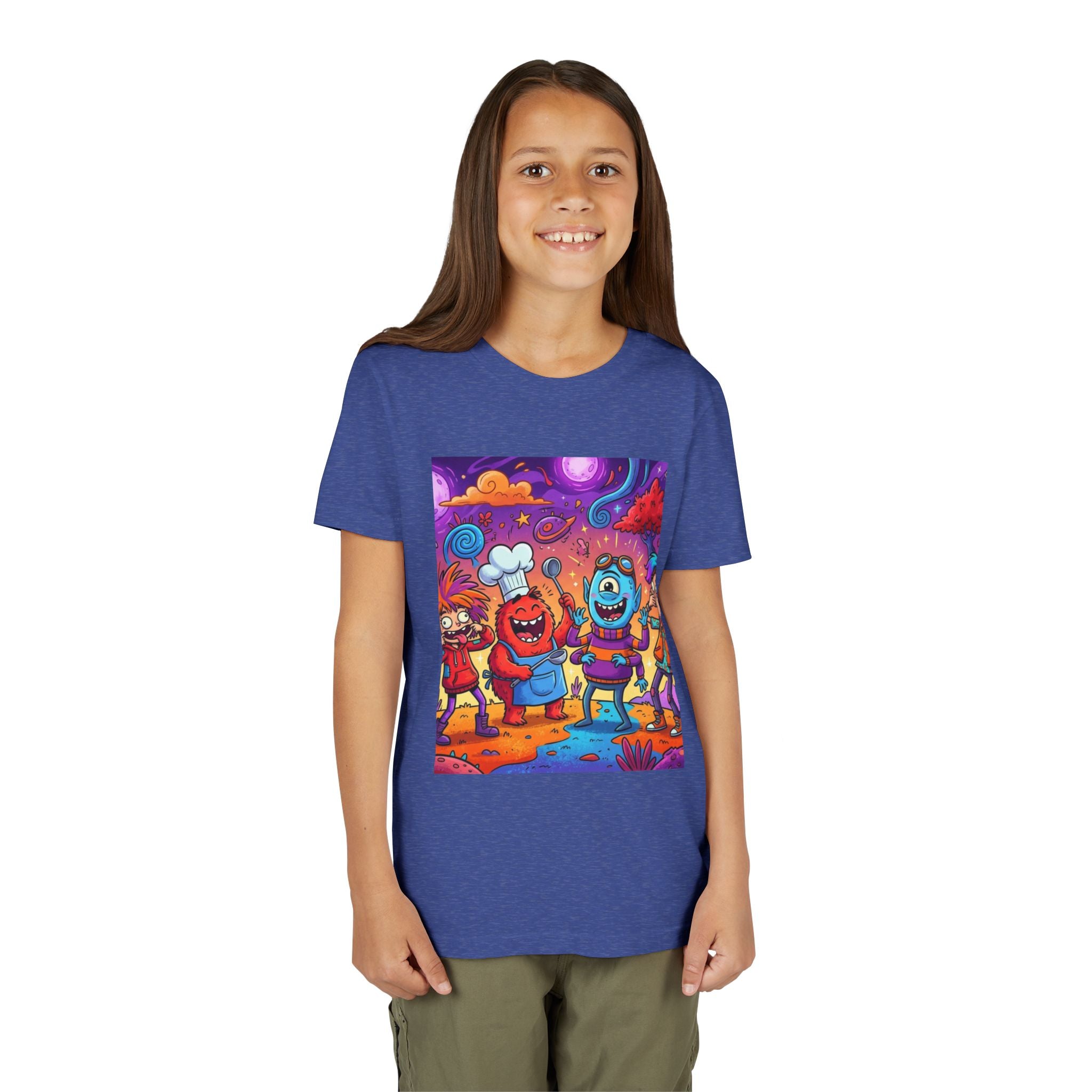 Funny Character Crew Youth Tee — Colorful Crazy Faces Graphic
