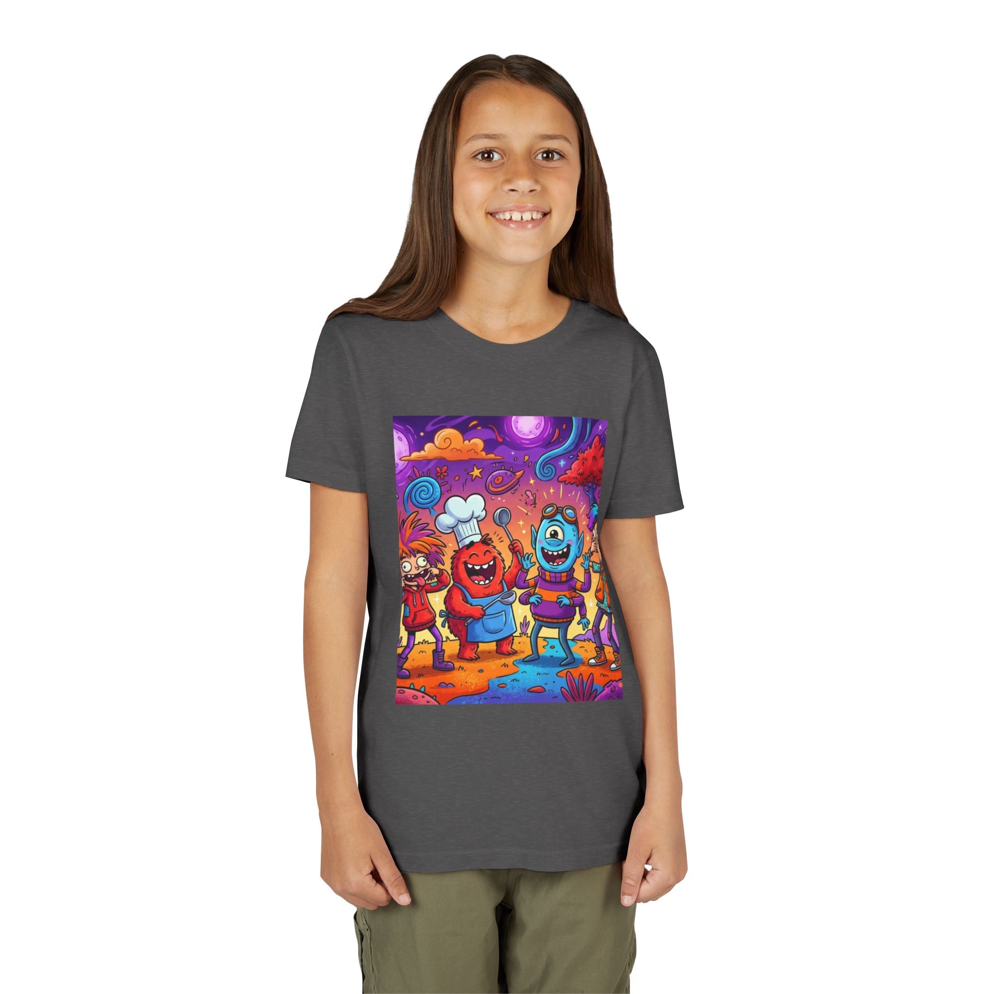 Funny Character Crew Youth Tee — Colorful Crazy Faces Graphic