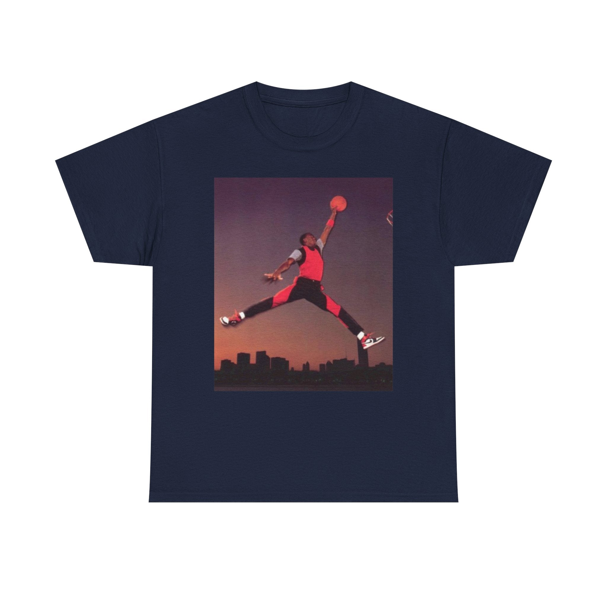 Basketball Jumpman Tee — Retro Skyline Graphic T-Shirt with Red Fist Back Emblem