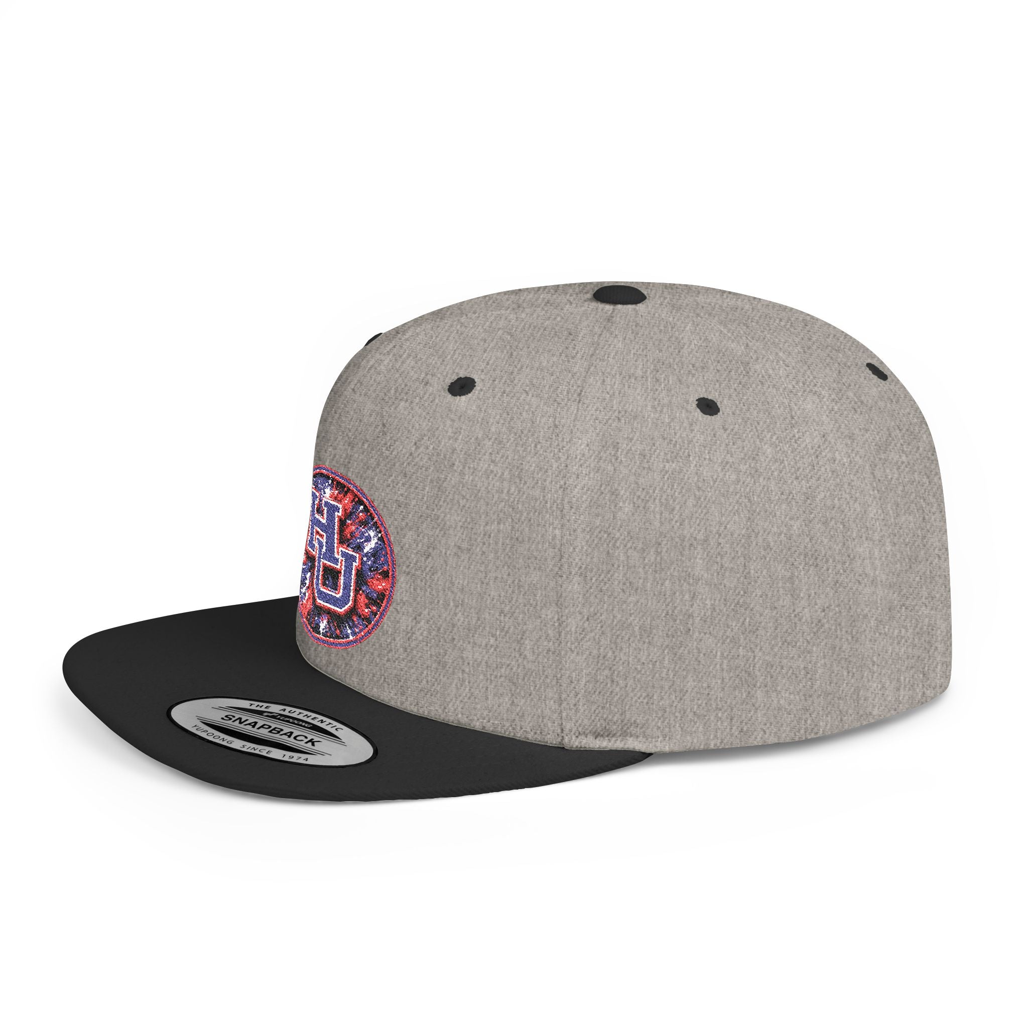 HU Logo Flat Bill Snapback Hat — Red & Blue Sequin Patch Cap