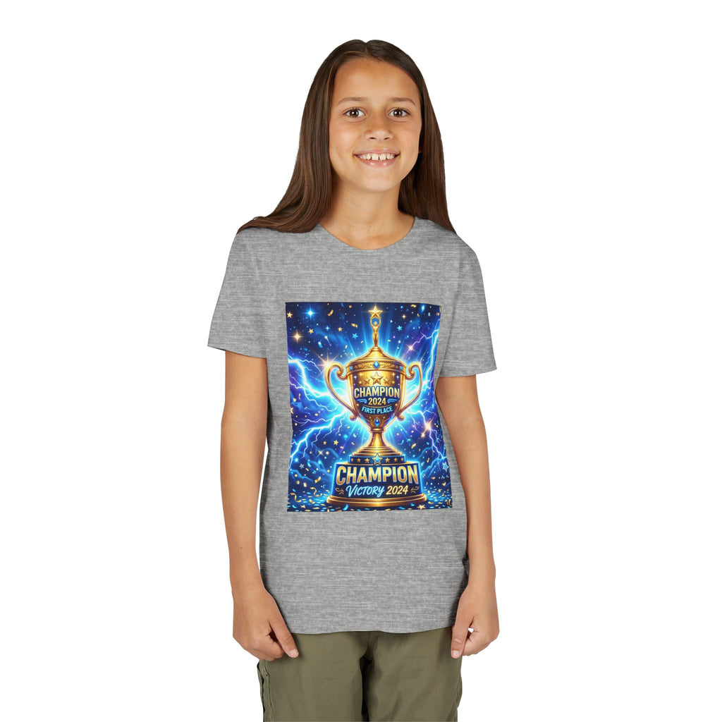 Youth Trophy Lightning Tee — Winning Kids' Short Sleeve Shirt with Stars & Confetti
