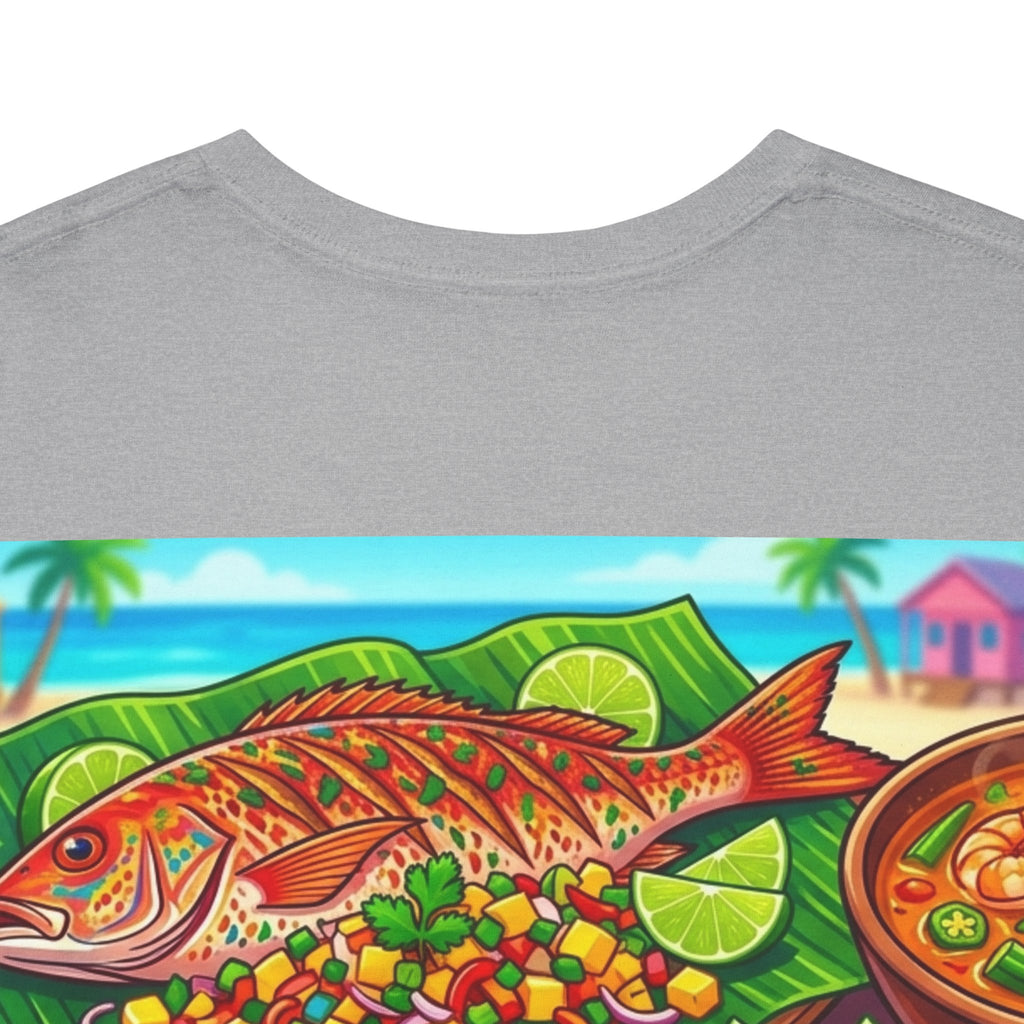 Caribbean BBQ & Seafood Tee — “Seymour’s” Vibrant Island Food Graphic T-Shirt