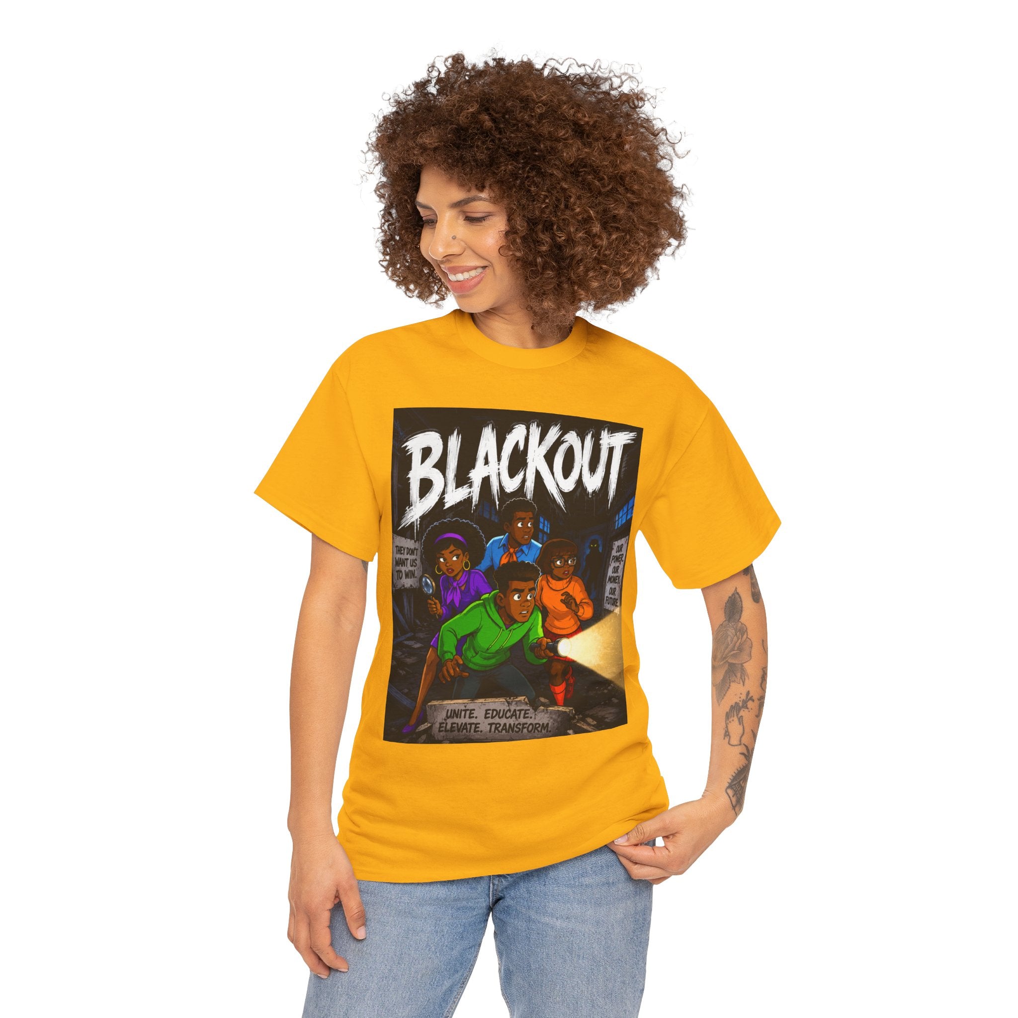 Blackout Graphic Tee — Urban Comic Poster Design with Back Fist Logo
