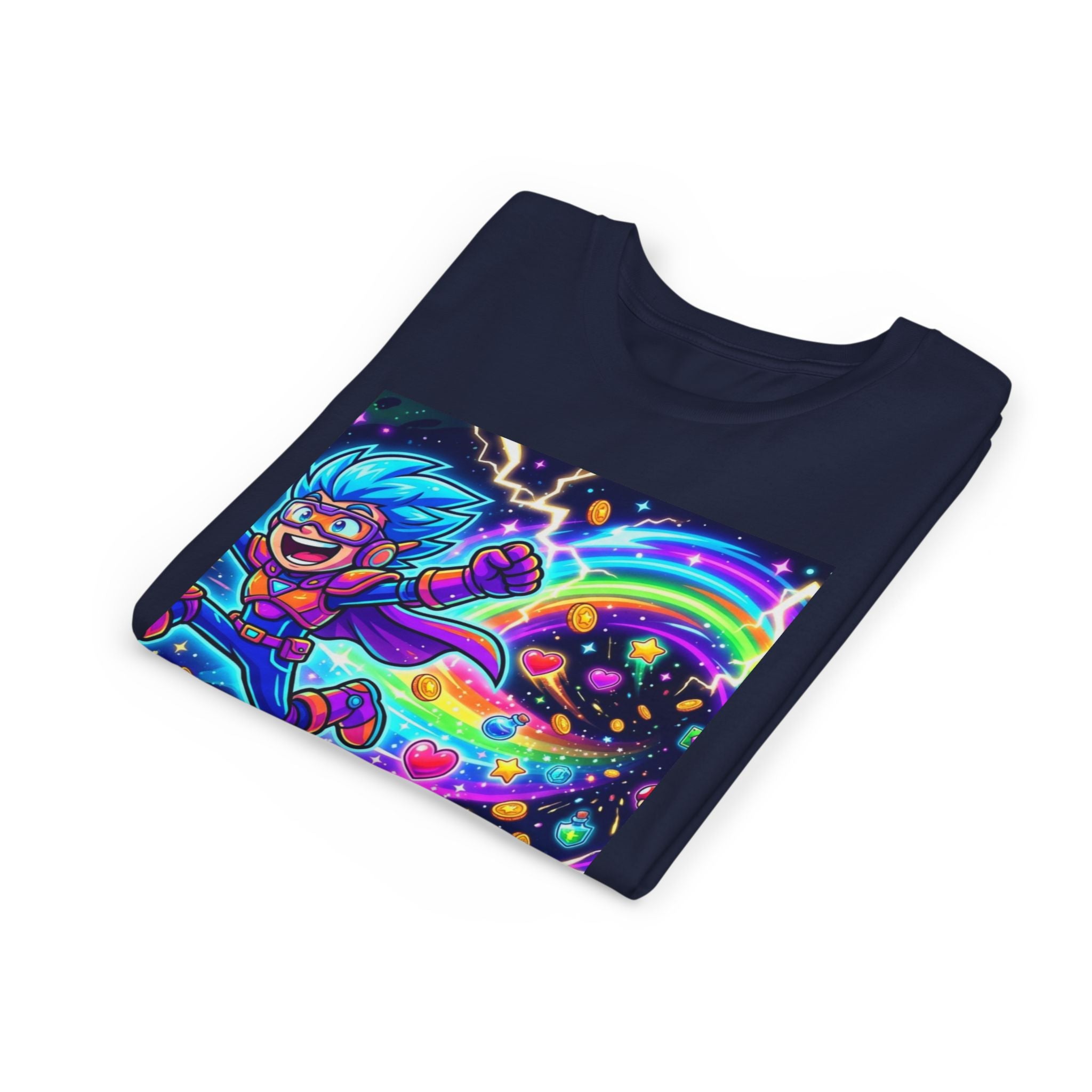 Retro Pixel Explosion Youth Tee — Smiling Avatar, Hearts, Gems & Controllers