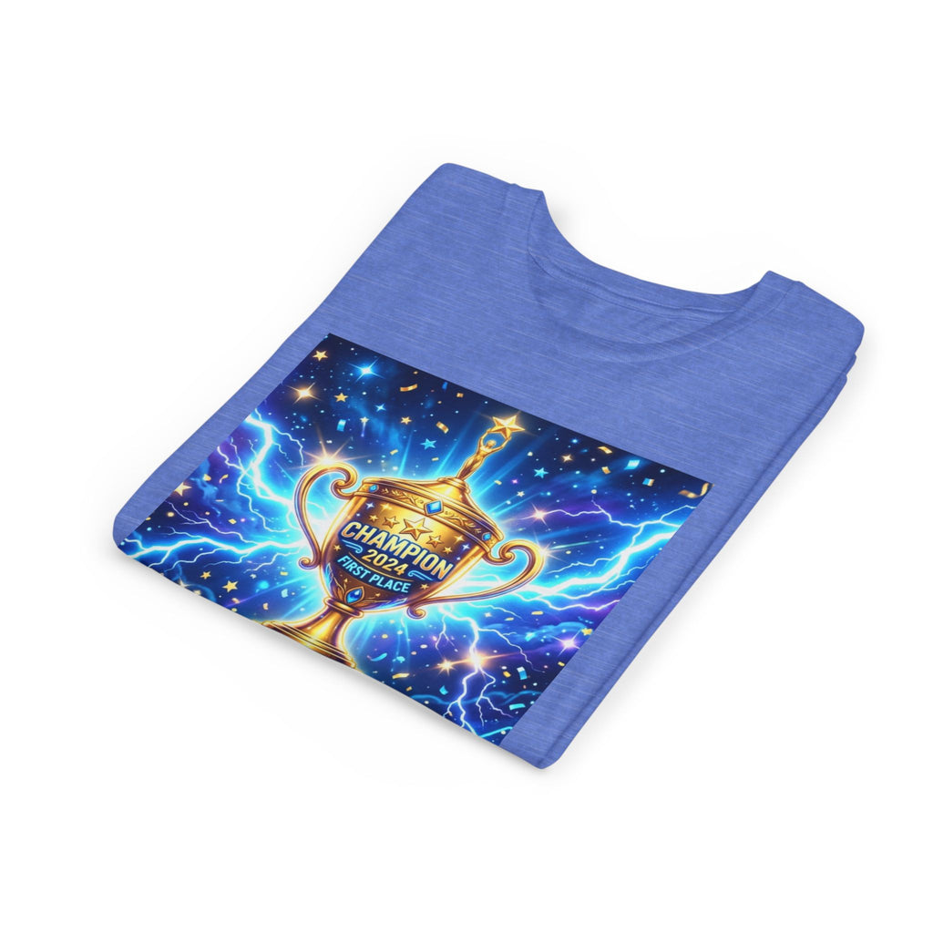 Youth Trophy Lightning Tee — Winning Kids' Short Sleeve Shirt with Stars & Confetti