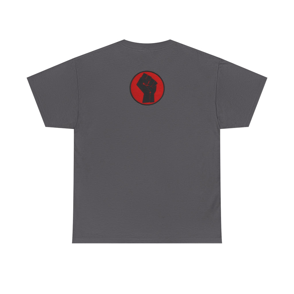 Basketball Jumpman Tee — Retro Skyline Graphic T-Shirt with Red Fist Back Emblem