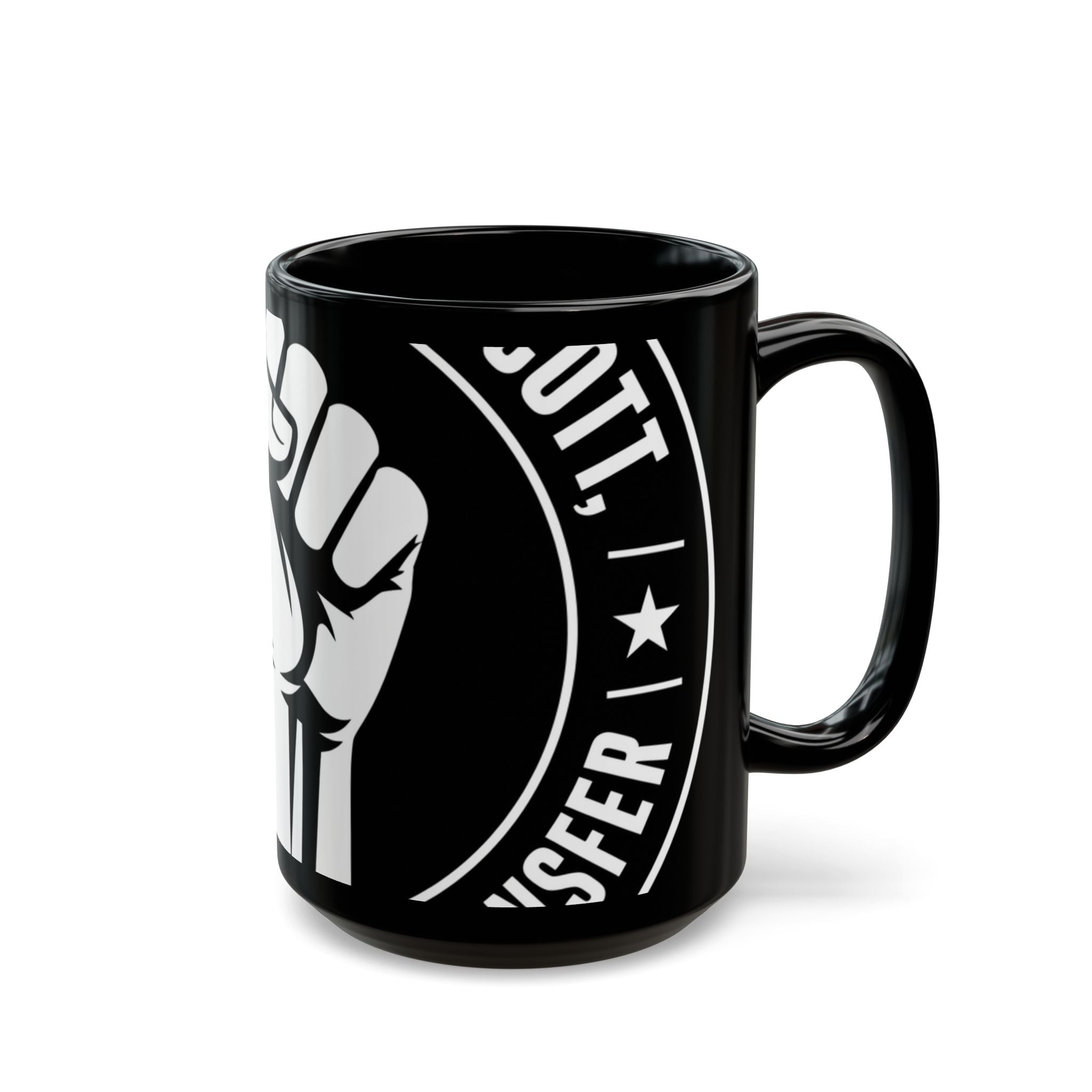 Solidarity Fist Mug — Black Coffee Cup with Raised Fist Design