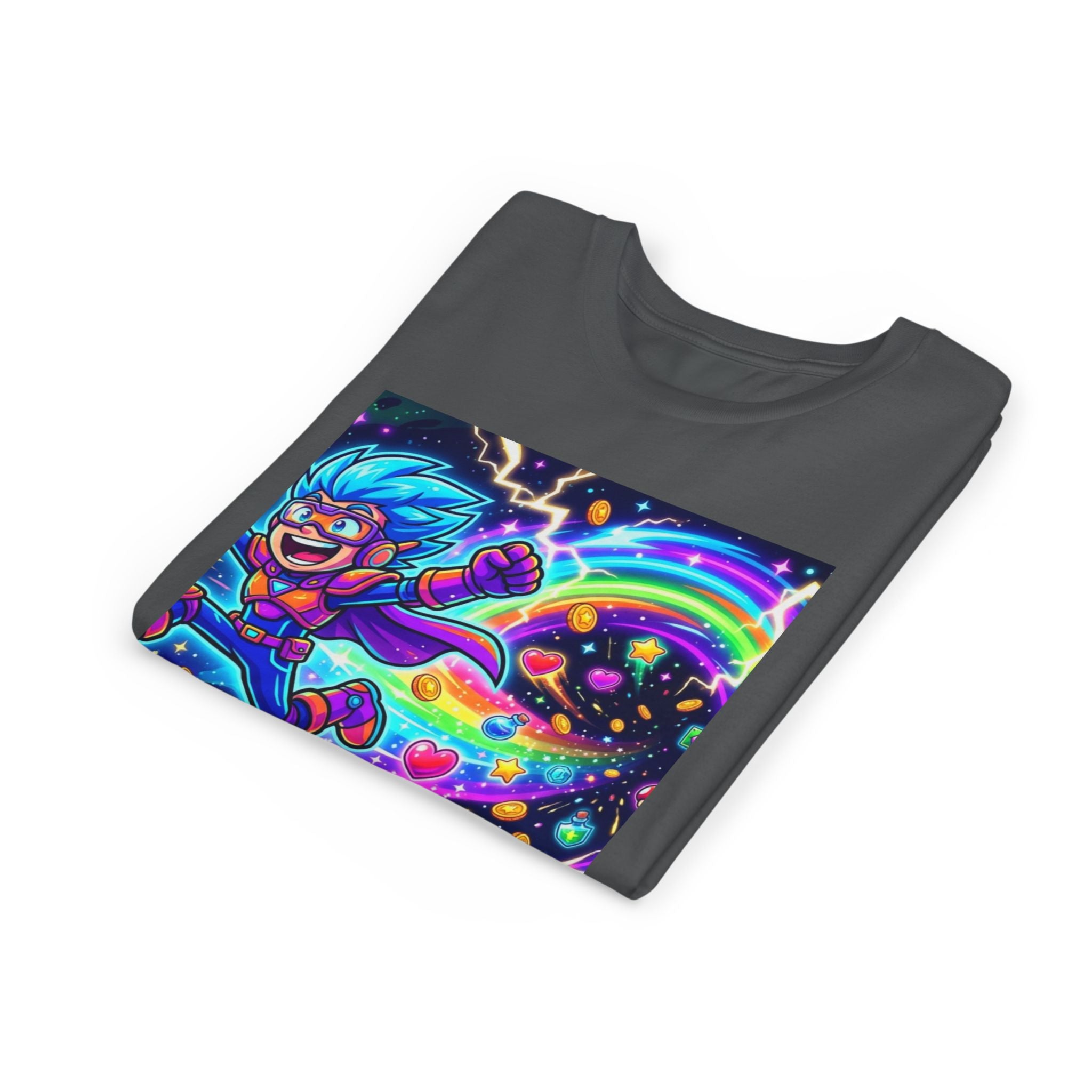 Retro Pixel Explosion Youth Tee — Smiling Avatar, Hearts, Gems & Controllers
