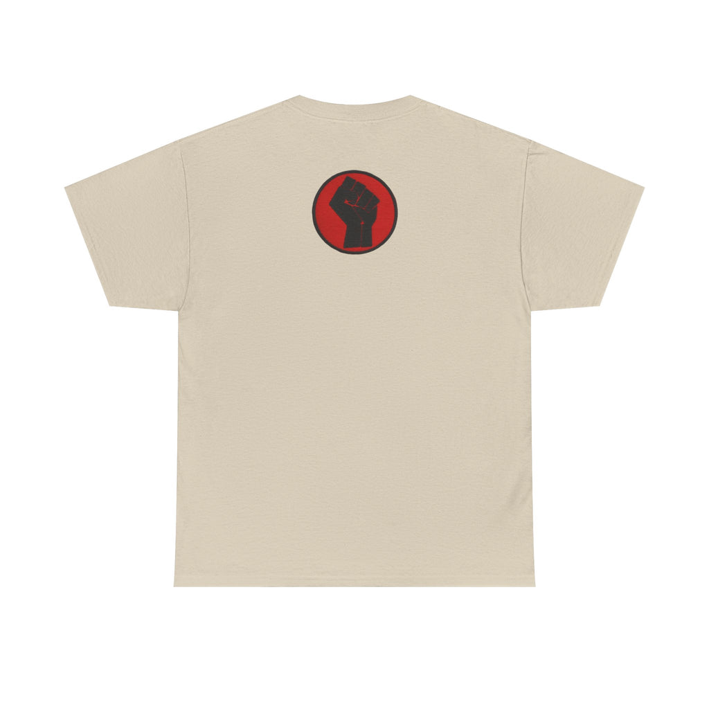 Basketball Jumpman Tee — Retro Skyline Graphic T-Shirt with Red Fist Back Emblem