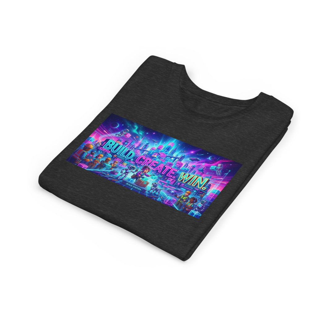 Youth Tee — “BUILD. CREATE. WIN.” Neon Builder City Design