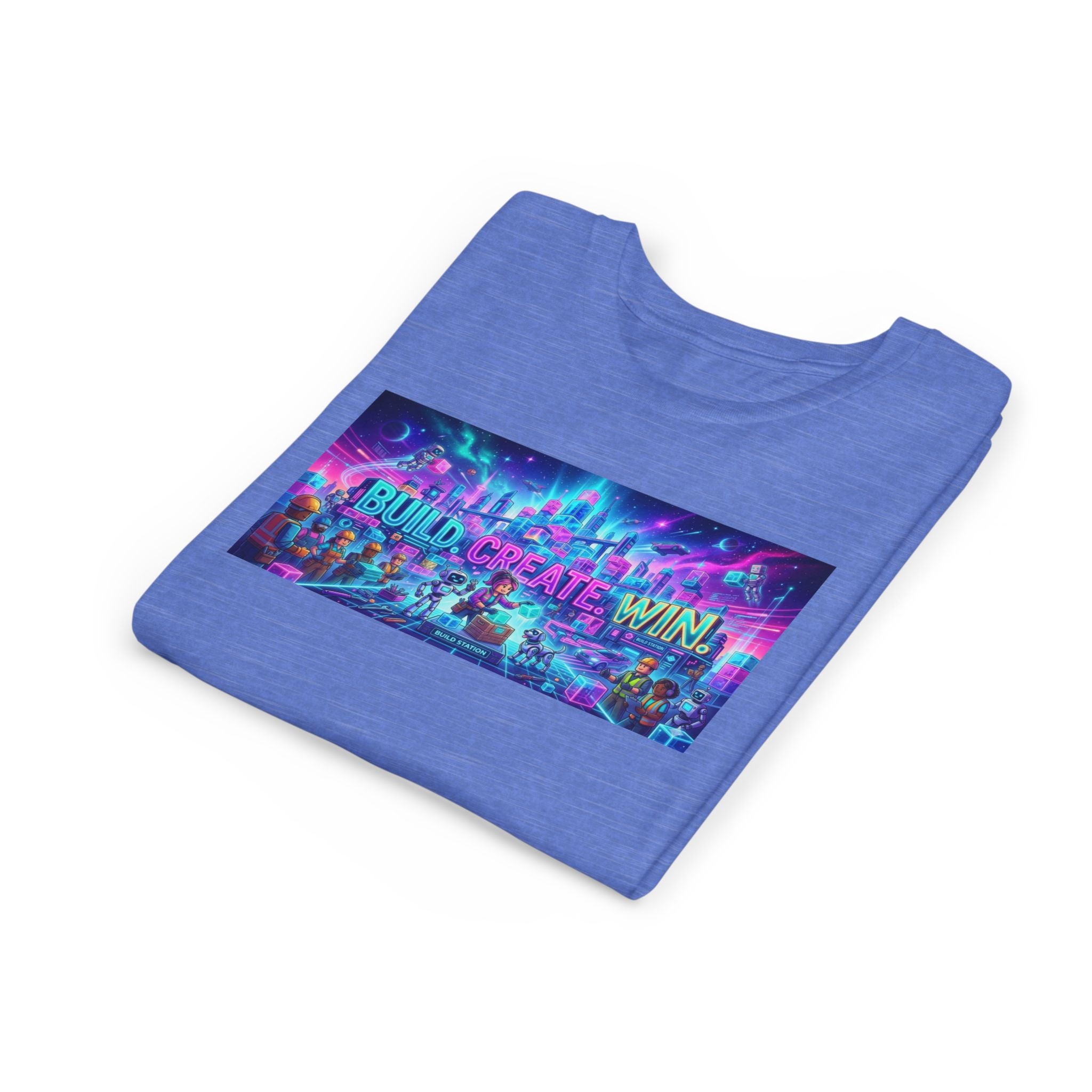 Youth Tee — “BUILD. CREATE. WIN.” Neon Builder City Design