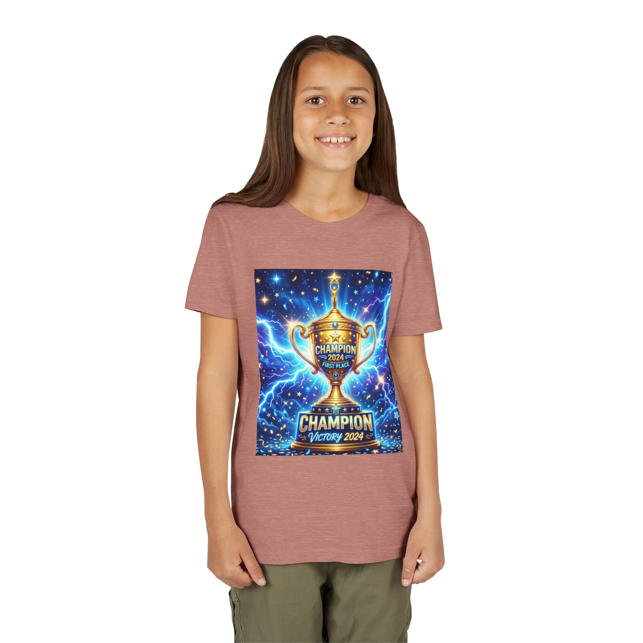 Youth Trophy Lightning Tee — Winning Kids' Short Sleeve Shirt with Stars & Confetti