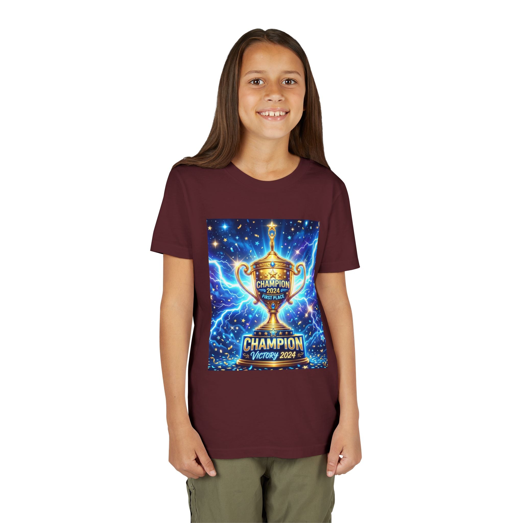 Youth Trophy Lightning Tee — Winning Kids' Short Sleeve Shirt with Stars & Confetti