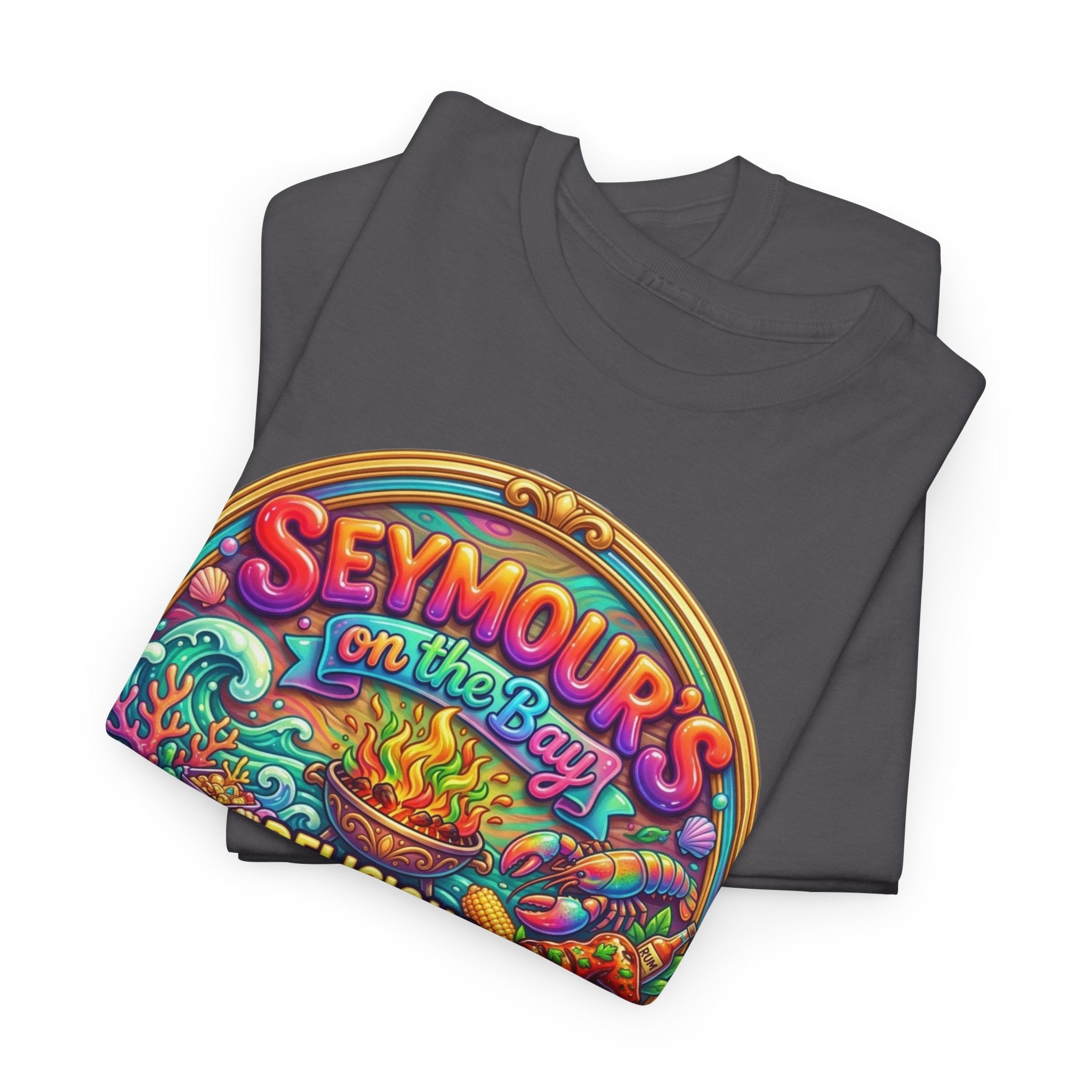 Caribbean BBQ & Seafood Tee — “Seymour’s” Vibrant Island Food Graphic T-Shirt