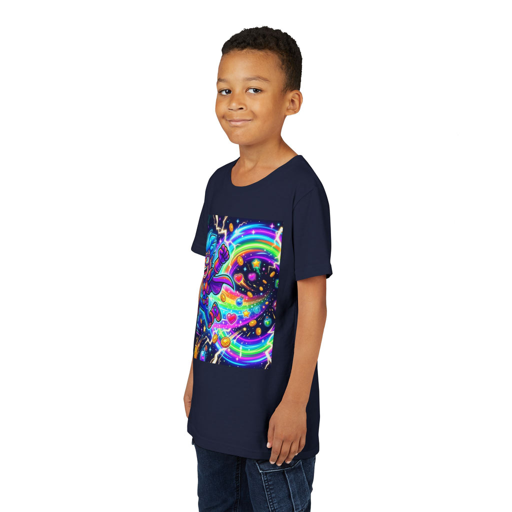 Retro Pixel Explosion Youth Tee — Smiling Avatar, Hearts, Gems & Controllers