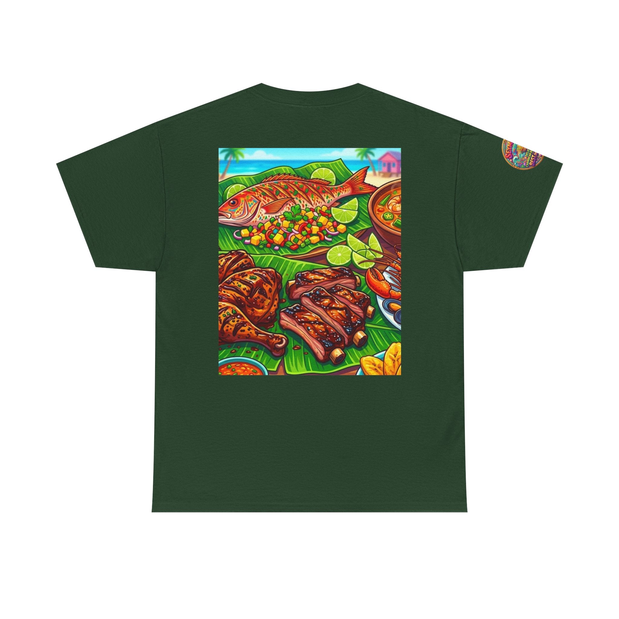 Caribbean BBQ & Seafood Tee — “Seymour’s” Vibrant Island Food Graphic T-Shirt