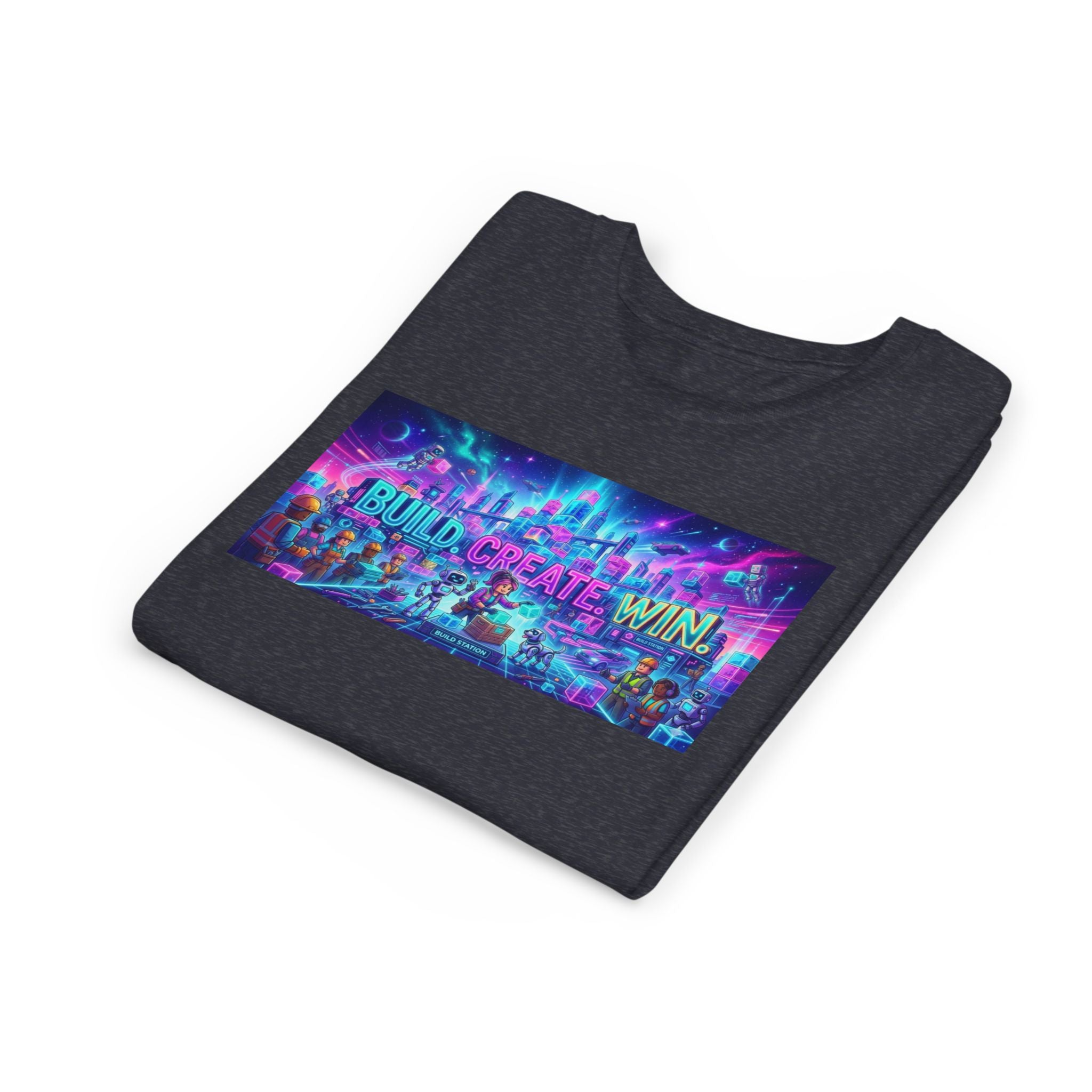 Youth Tee — “BUILD. CREATE. WIN.” Neon Builder City Design