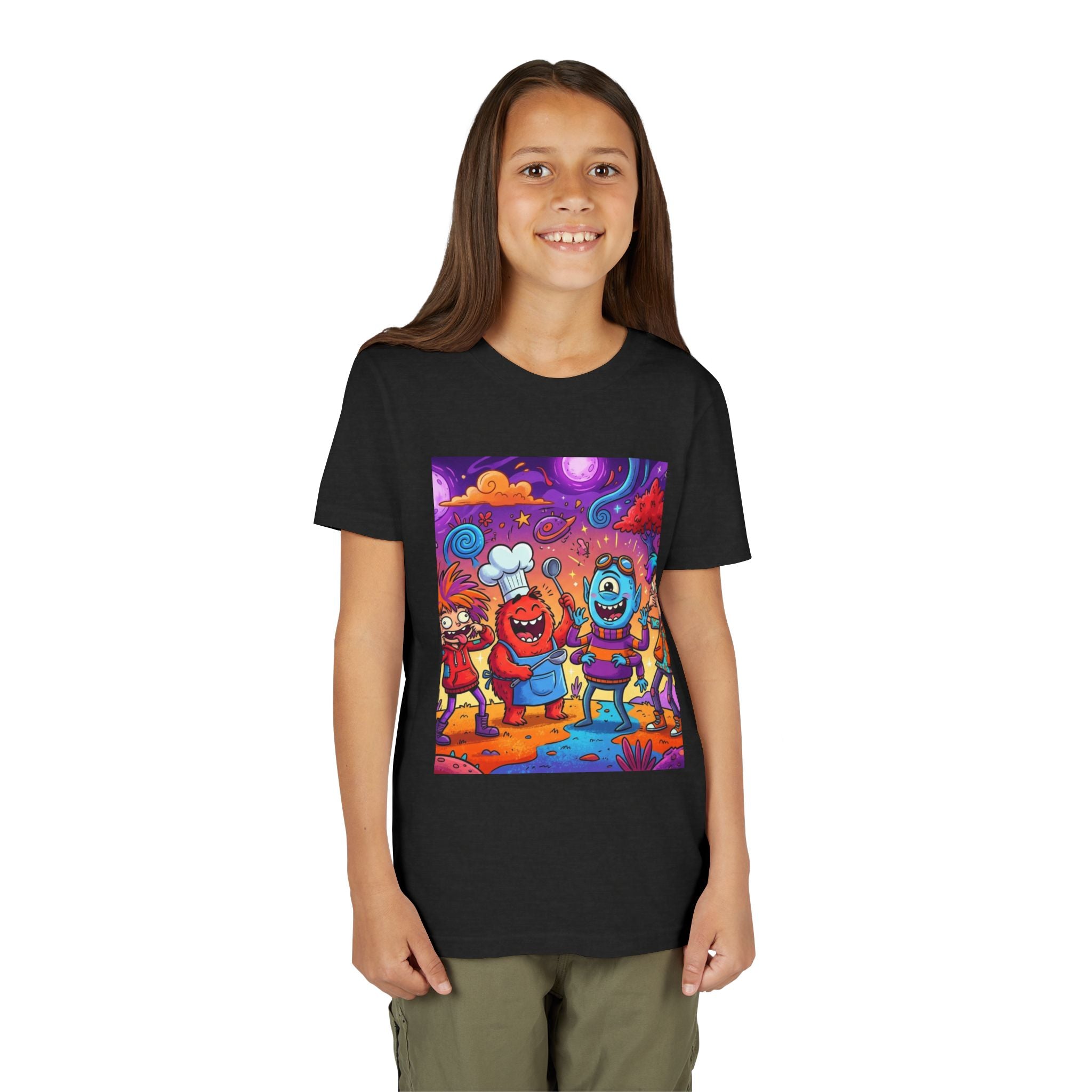 Funny Character Crew Youth Tee — Colorful Crazy Faces Graphic