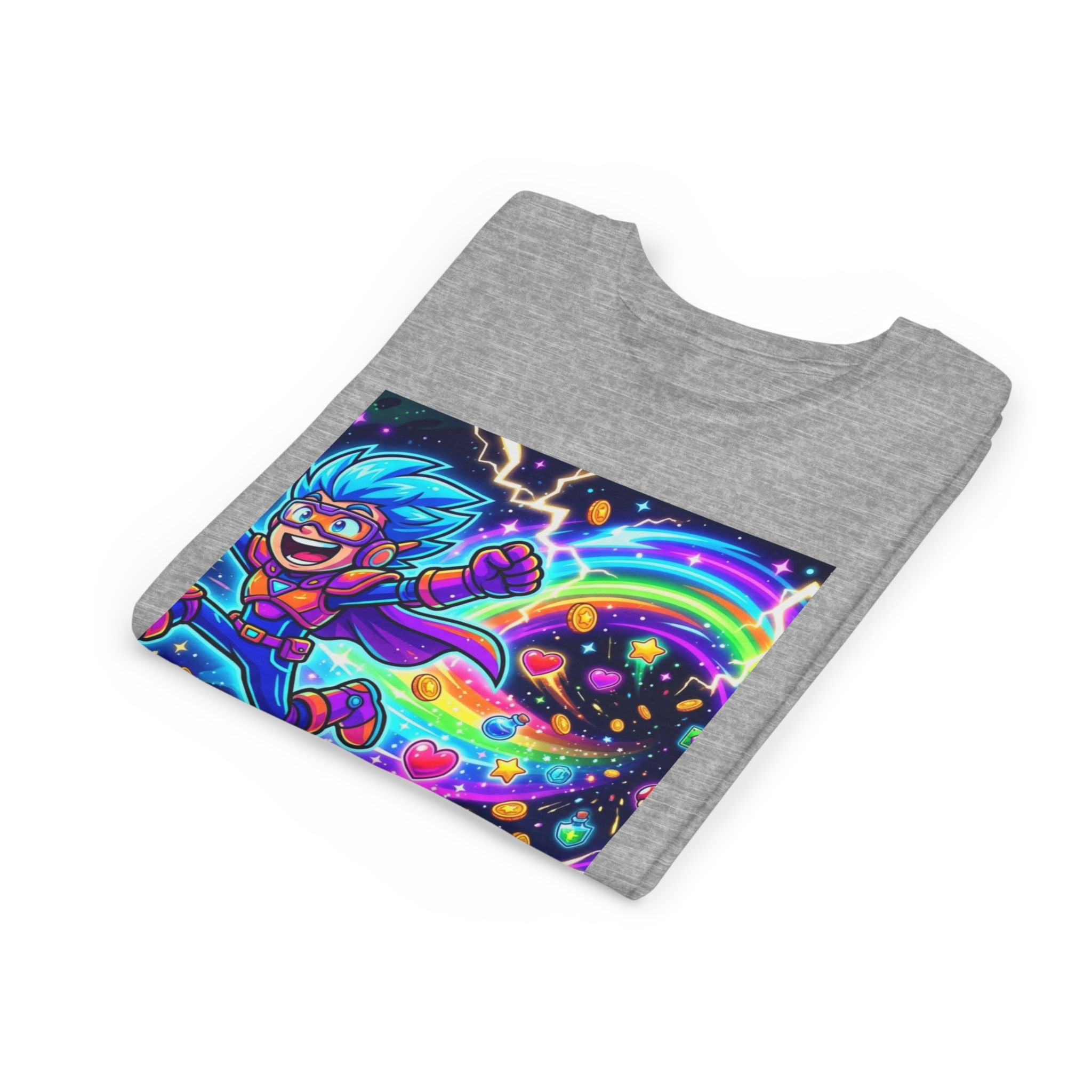 Retro Pixel Explosion Youth Tee — Smiling Avatar, Hearts, Gems & Controllers