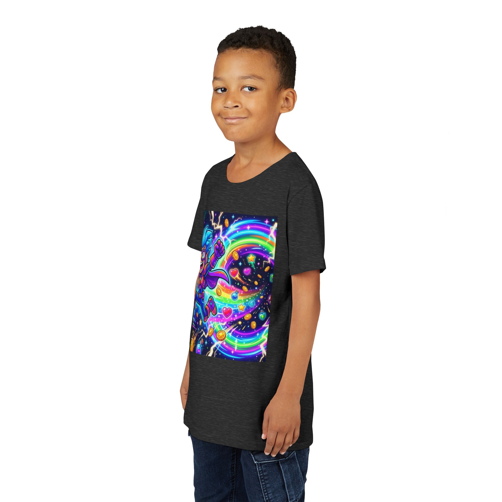 Retro Pixel Explosion Youth Tee — Smiling Avatar, Hearts, Gems & Controllers