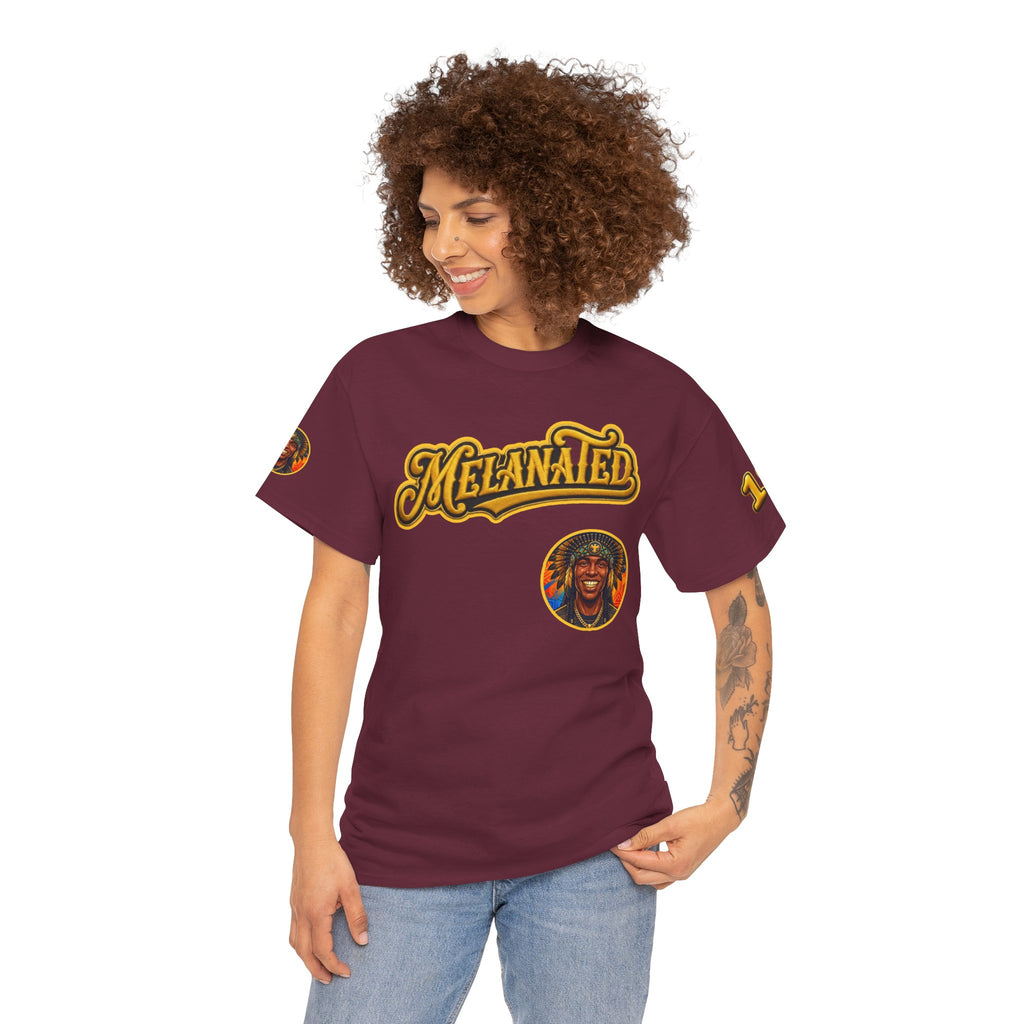 Melanated 19 Graphic Tee — Retro Script Logo & Gold Number Baseball Shirt