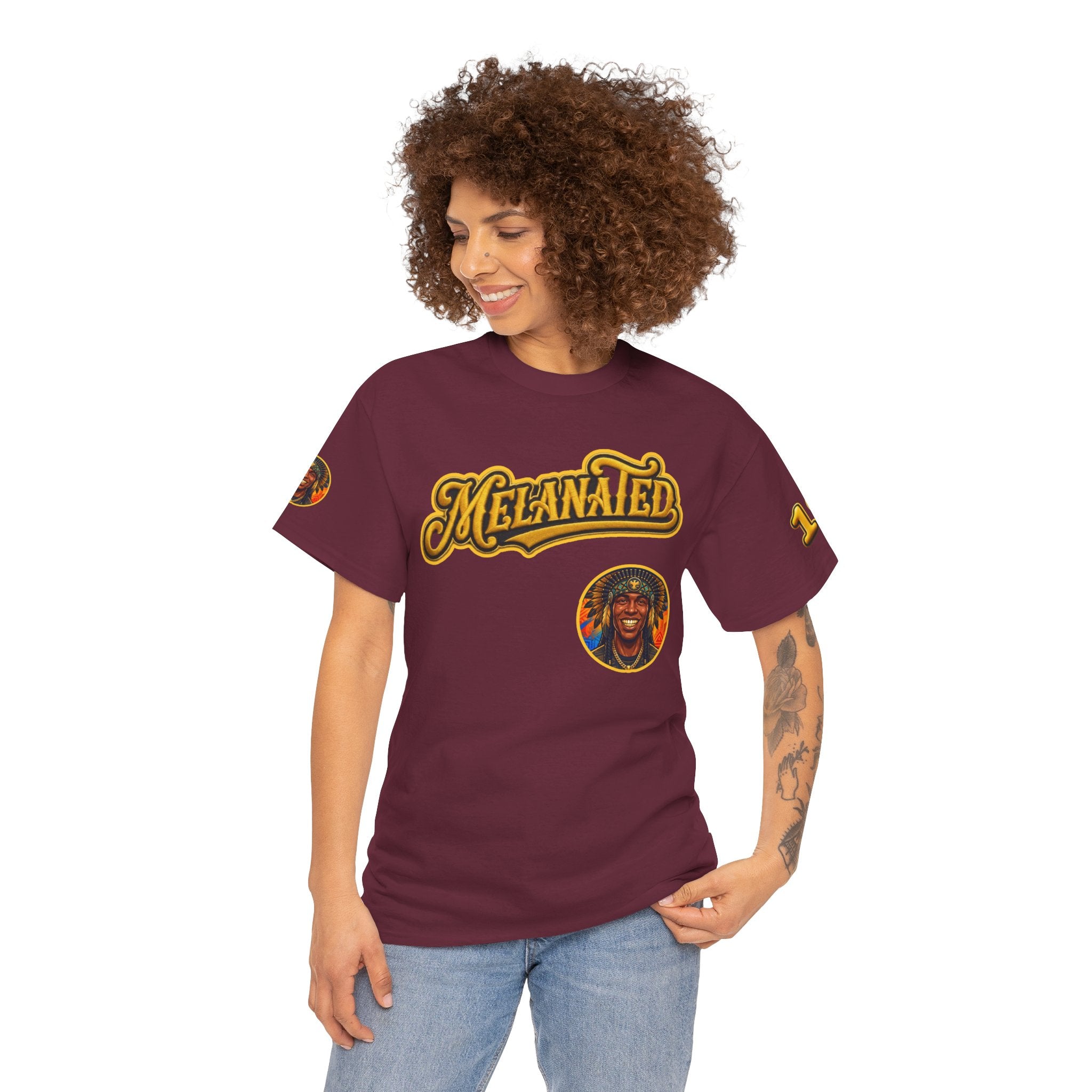 Melanated 19 Graphic Tee — Retro Script Logo & Gold Number Baseball Shirt