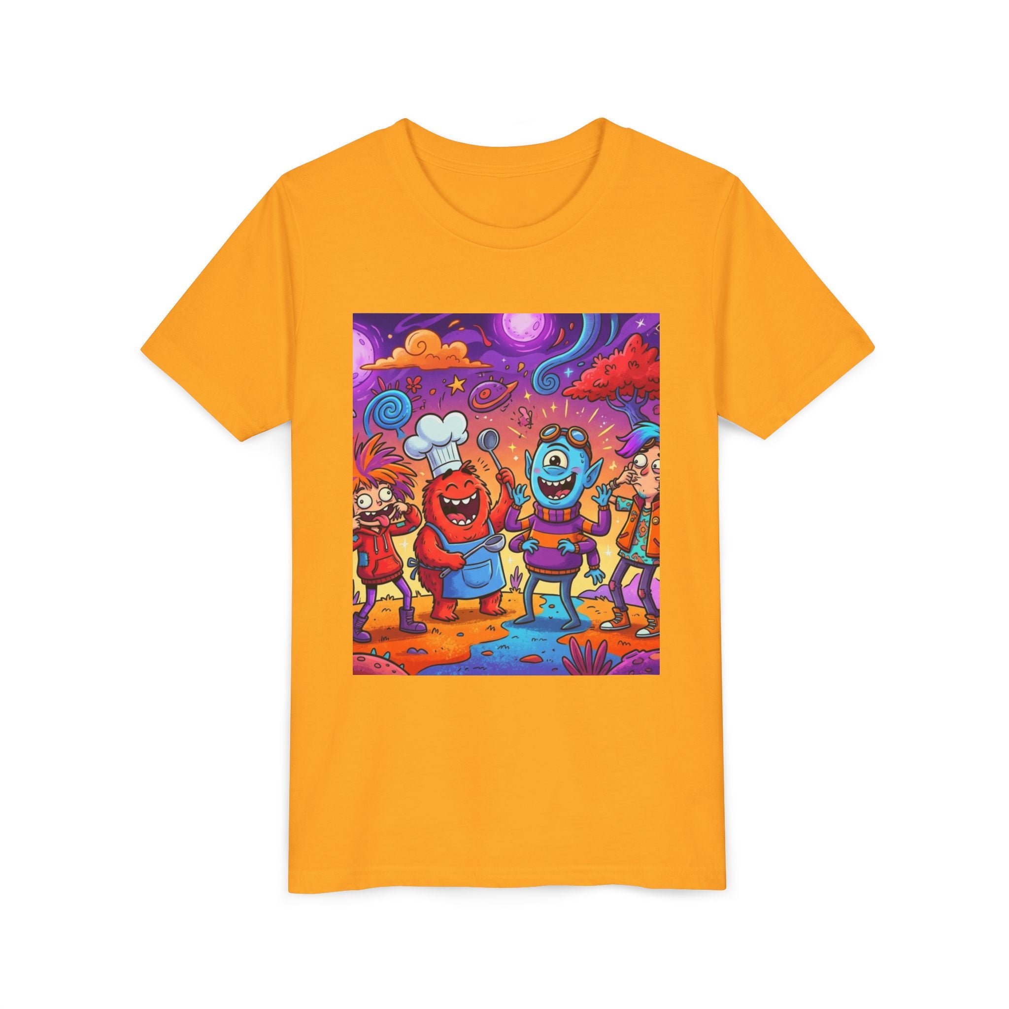 Funny Character Crew Youth Tee — Colorful Crazy Faces Graphic