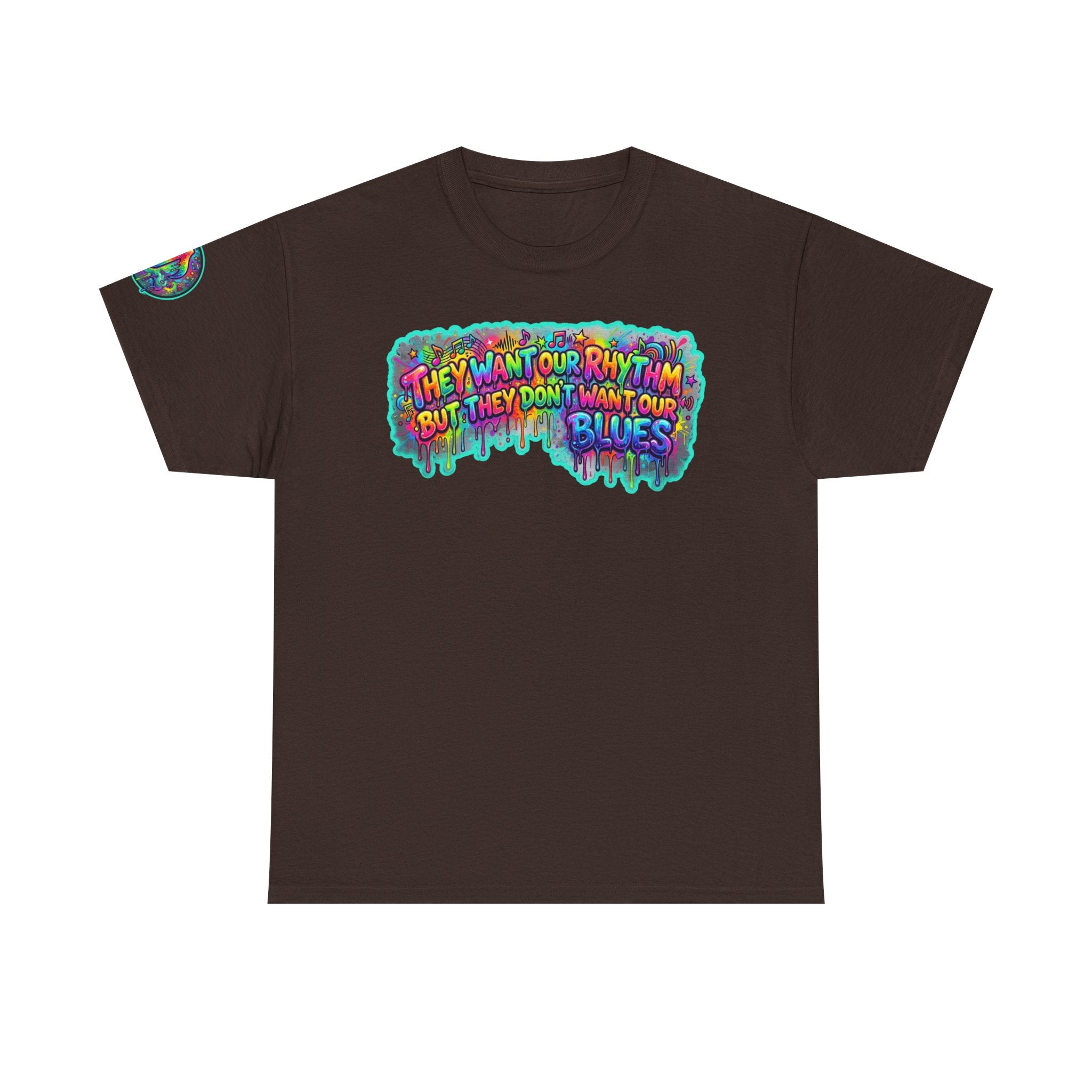 Music Vibes Tee — “They Want Our Rhythm But They Don’t Want Our Blues” Psychedelic Drip Note T-Shirt