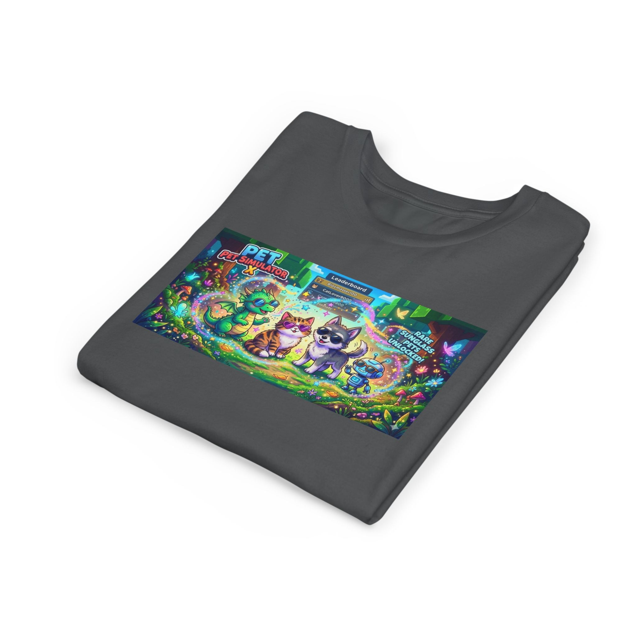Cute Fantasy Pets Sunglasses Tee — Dragon, Cat, Wolf & Robot Pets