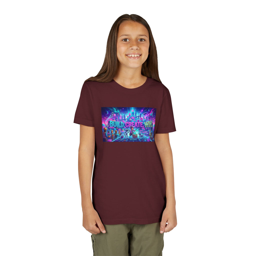 Youth Tee — “BUILD. CREATE. WIN.” Neon Builder City Design